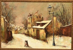 Late 20th C Framed Moody Winter Street Scene, Oil on Canvas Manuel Monton Bunuel