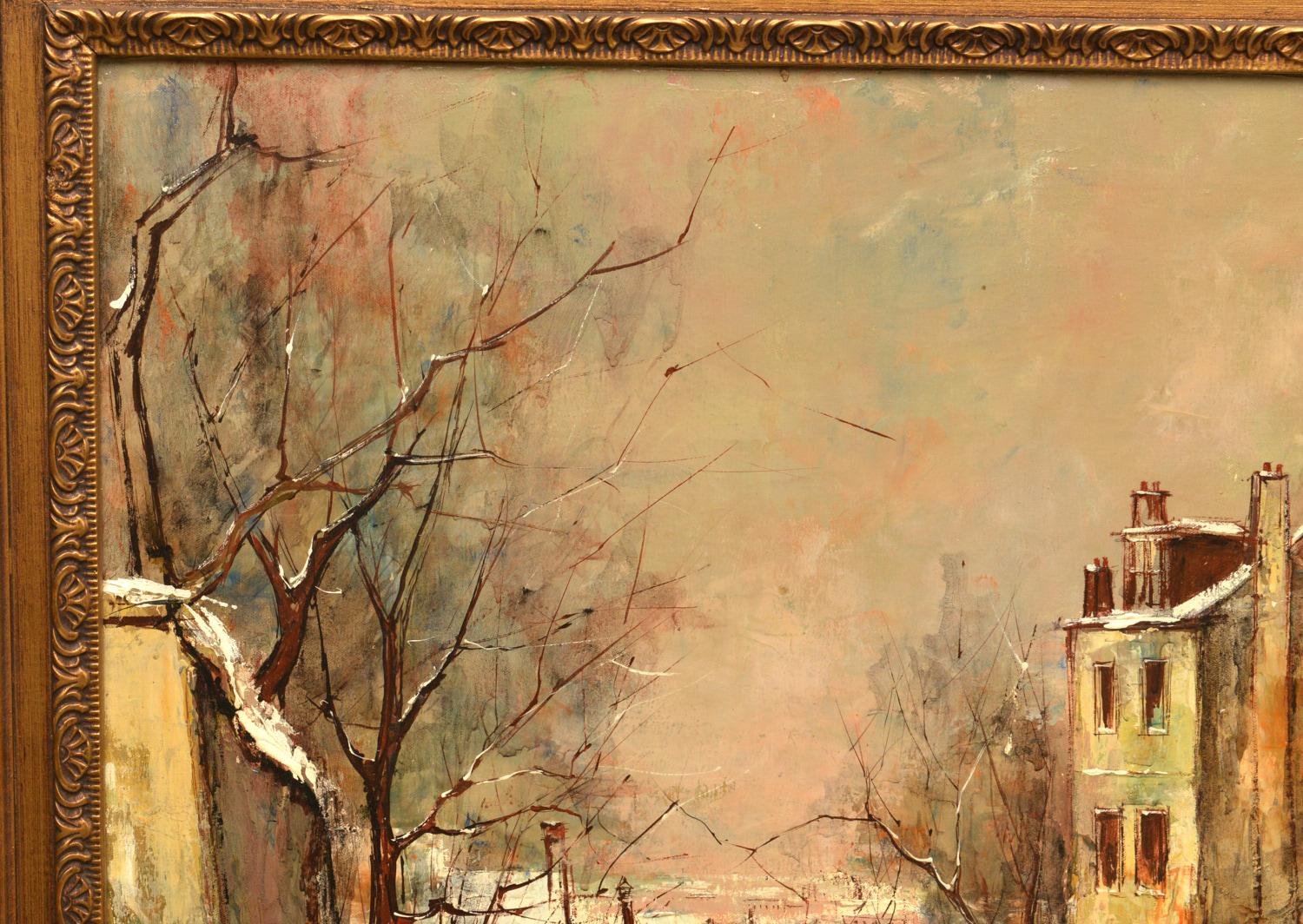Expressionniste Scène de rue d'hiver sombre encadrée, huile sur toile Manuel Monton Bunuel, fin du 20e siècle en vente