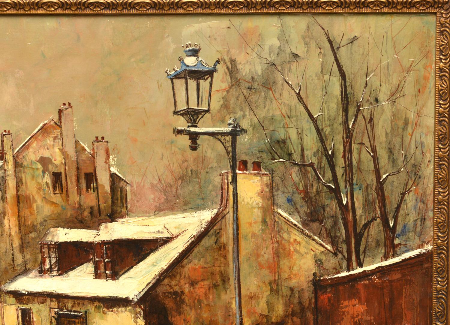Peint à la main Scène de rue d'hiver sombre encadrée, huile sur toile Manuel Monton Bunuel, fin du 20e siècle en vente