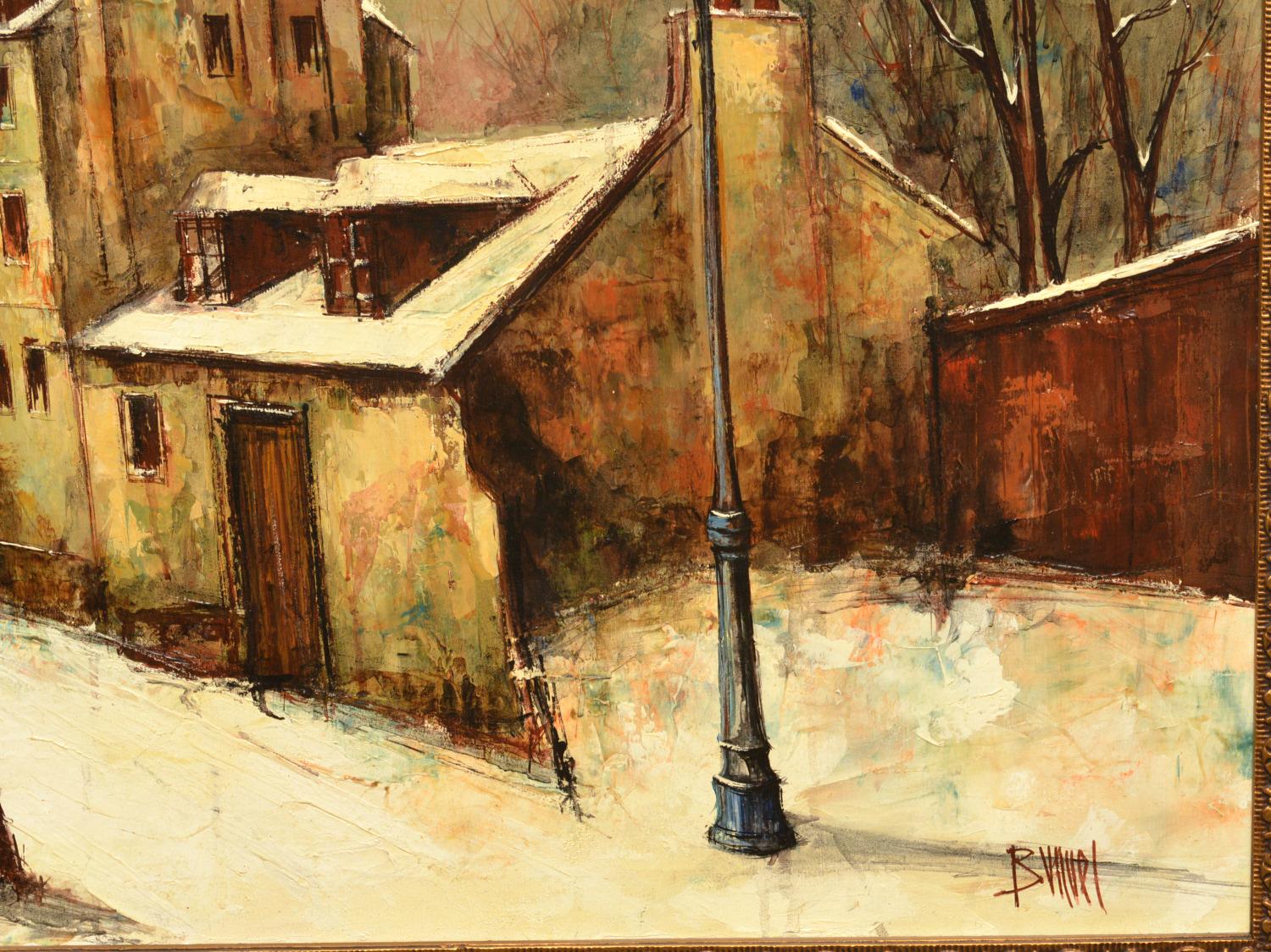 Scène de rue d'hiver sombre encadrée, huile sur toile Manuel Monton Bunuel, fin du 20e siècle Bon état - En vente à Morristown, NJ
