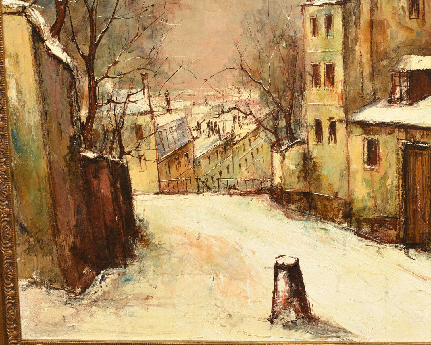 20ième siècle Scène de rue d'hiver sombre encadrée, huile sur toile Manuel Monton Bunuel, fin du 20e siècle en vente