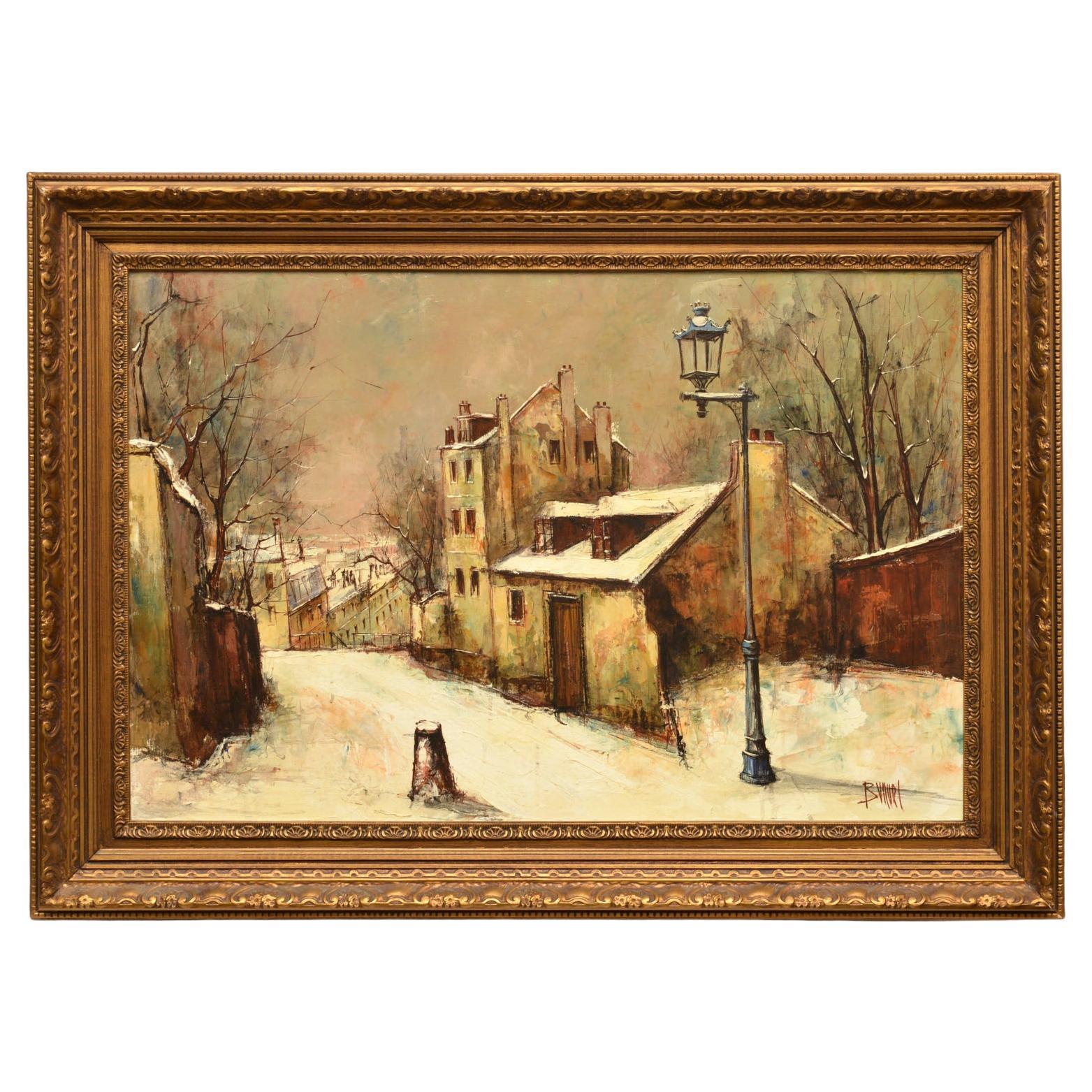 Scène de rue d'hiver sombre encadrée, huile sur toile Manuel Monton Bunuel, fin du 20e siècle en vente