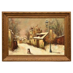 Late 20th C Framed Moody Winter Street Scene, Oil on Canvas Manuel Monton Bunuel