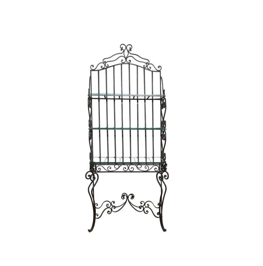 Ornate French Boulangerie style iron scroll stand/ rack. Featuring ornate black scrollwork with the addition of later added glass shelves, which could also be replaced with oak or wood of your choice for a more rustic, authentic style. A perfectly