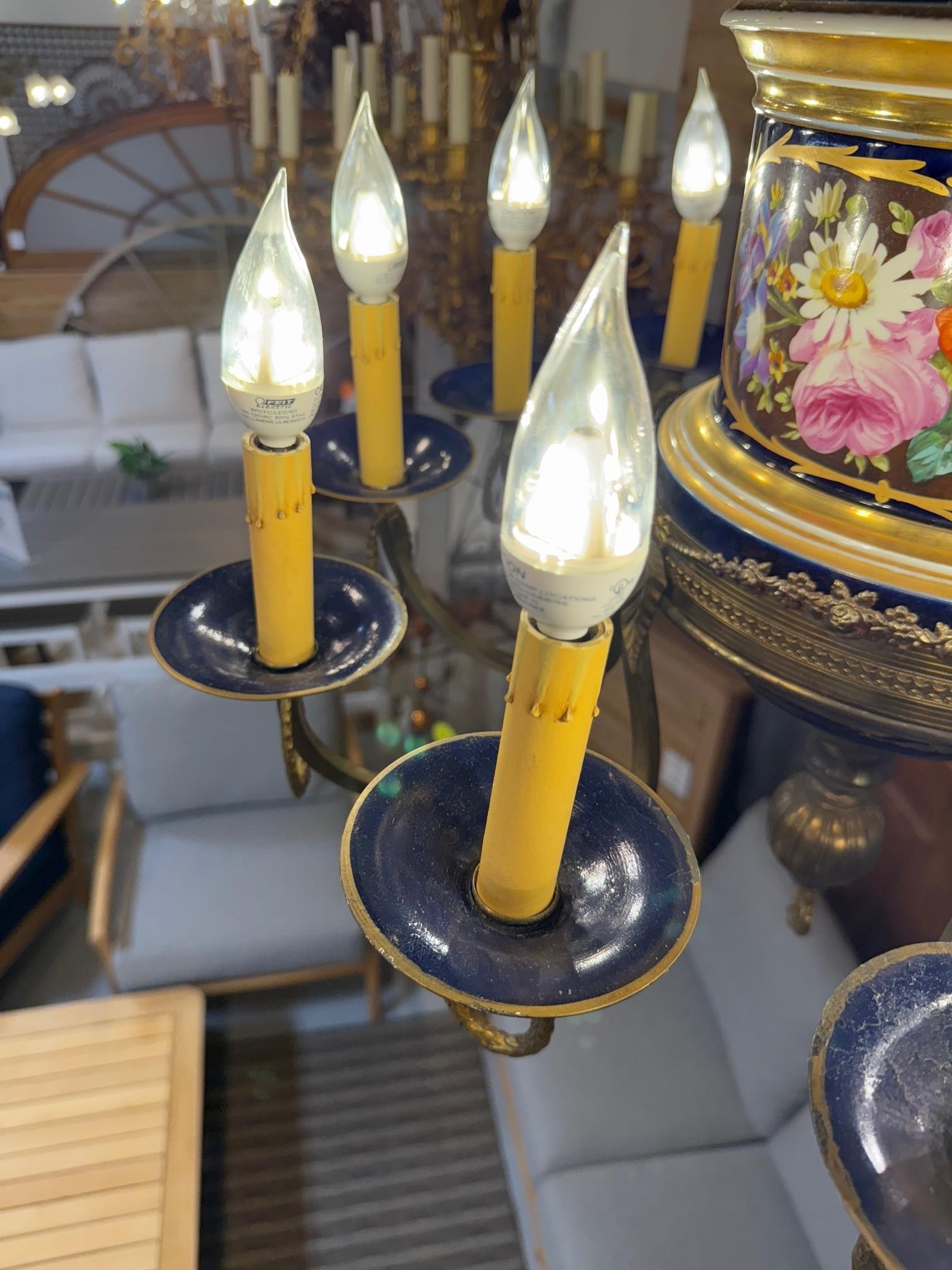 Late 20th C. French Limoges Cobalt Blue Porcelain Chandelier Floral 12 Lights For Sale 6
