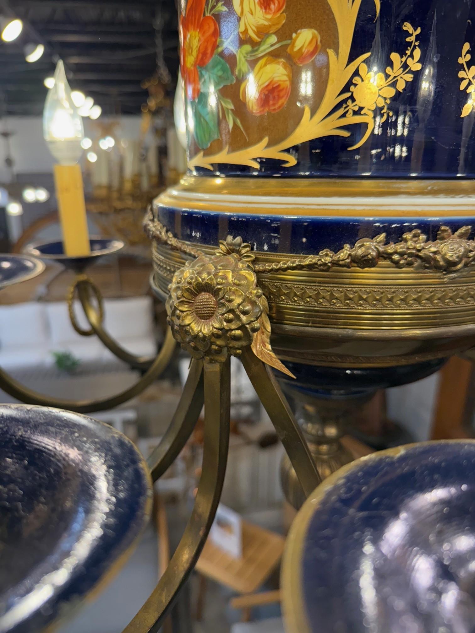 Late 20th C. French Limoges Cobalt Blue Porcelain Chandelier Floral 12 Lights For Sale 8