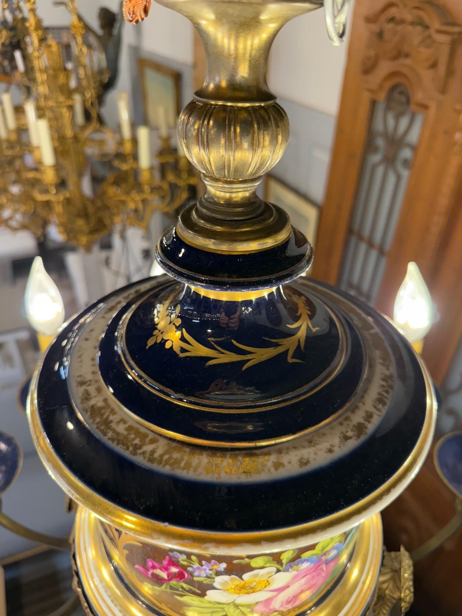 Late 20th C. French Limoges Cobalt Blue Porcelain Chandelier Floral 12 Lights For Sale 9