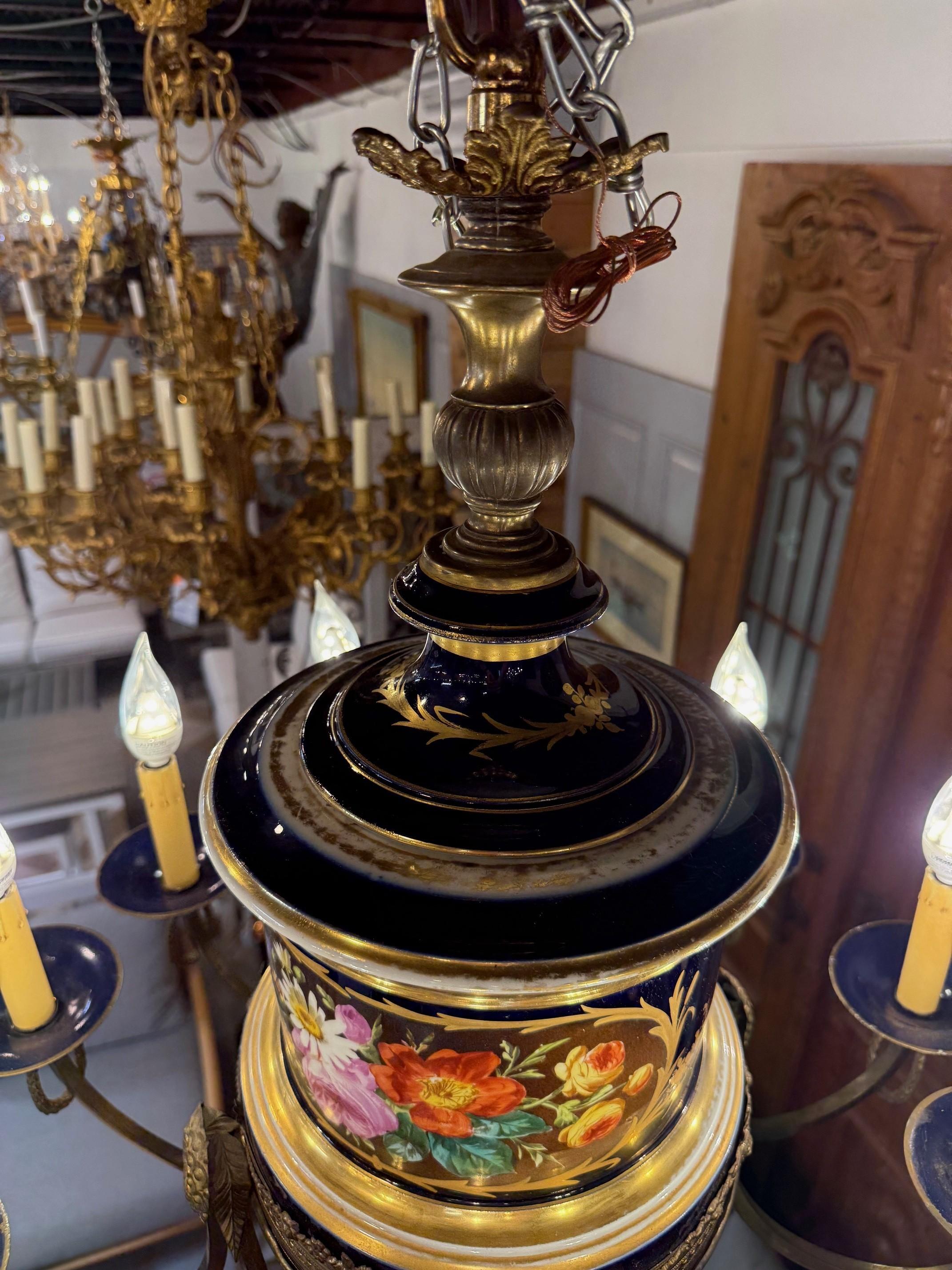 Late 20th C. French Limoges Cobalt Blue Porcelain Chandelier Floral 12 Lights For Sale 10