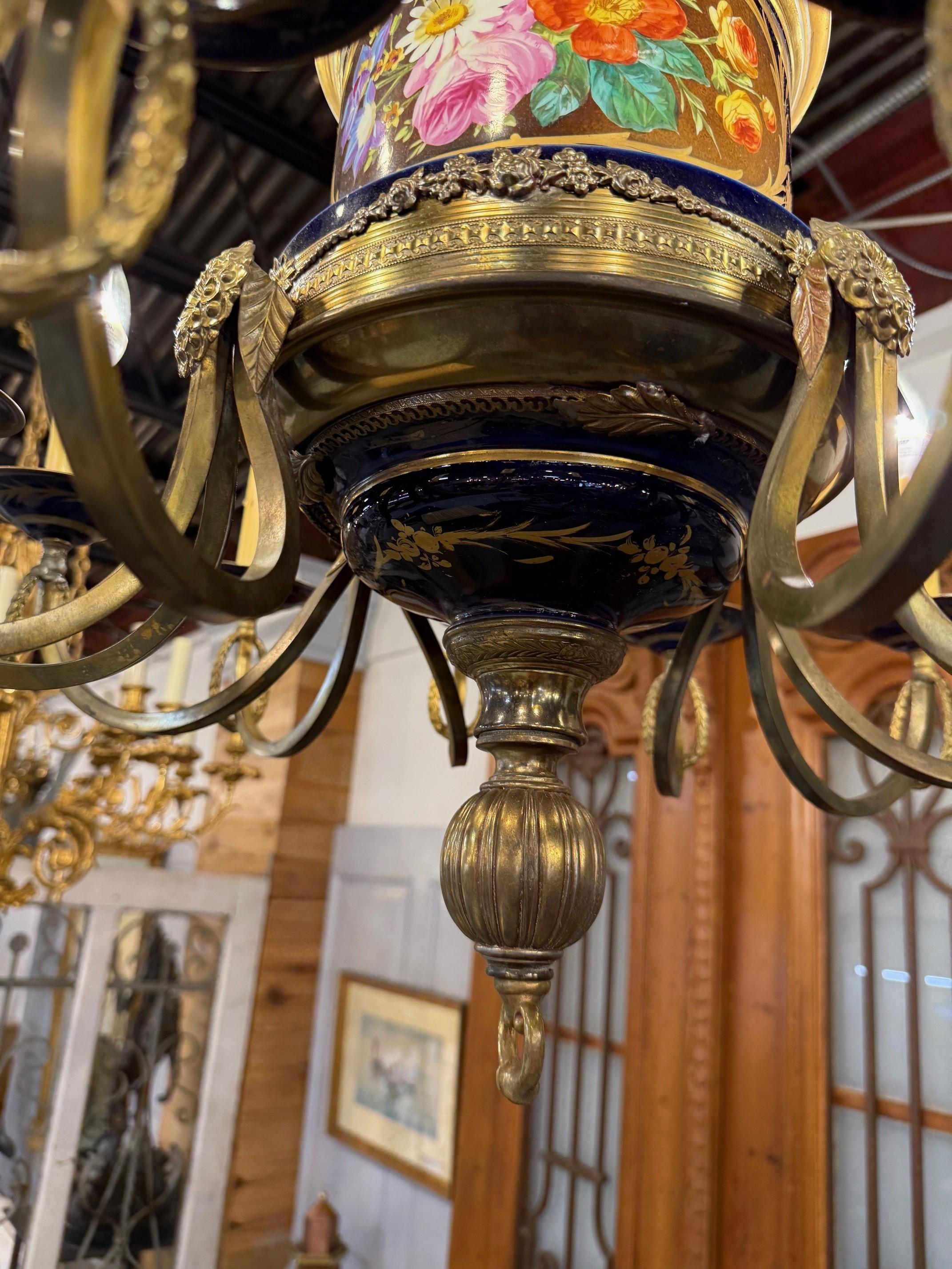 Late 20th C. French Limoges Cobalt Blue Porcelain Chandelier Floral 12 Lights For Sale 11