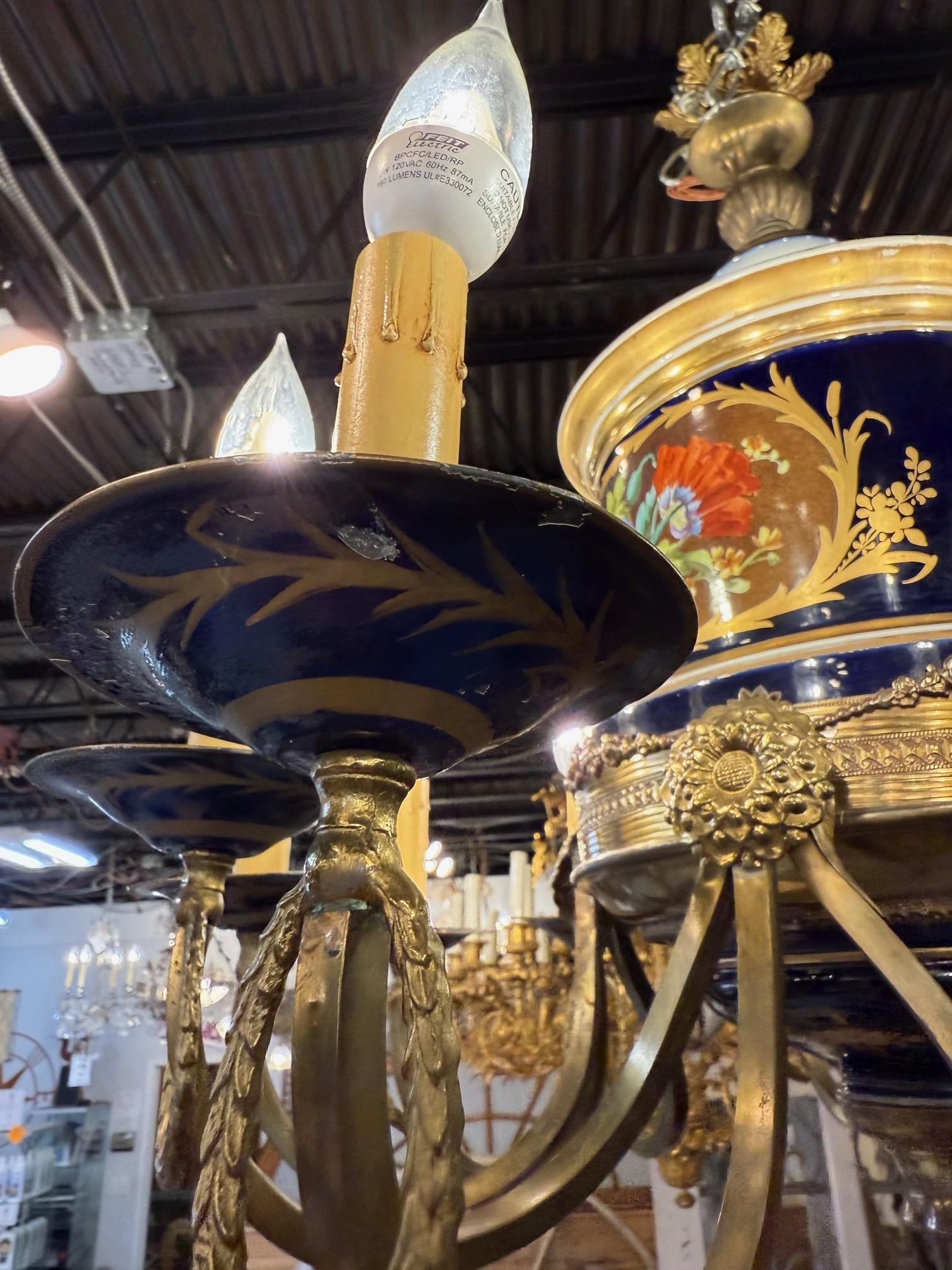 Late 20th C. French Limoges Cobalt Blue Porcelain Chandelier Floral 12 Lights For Sale 13