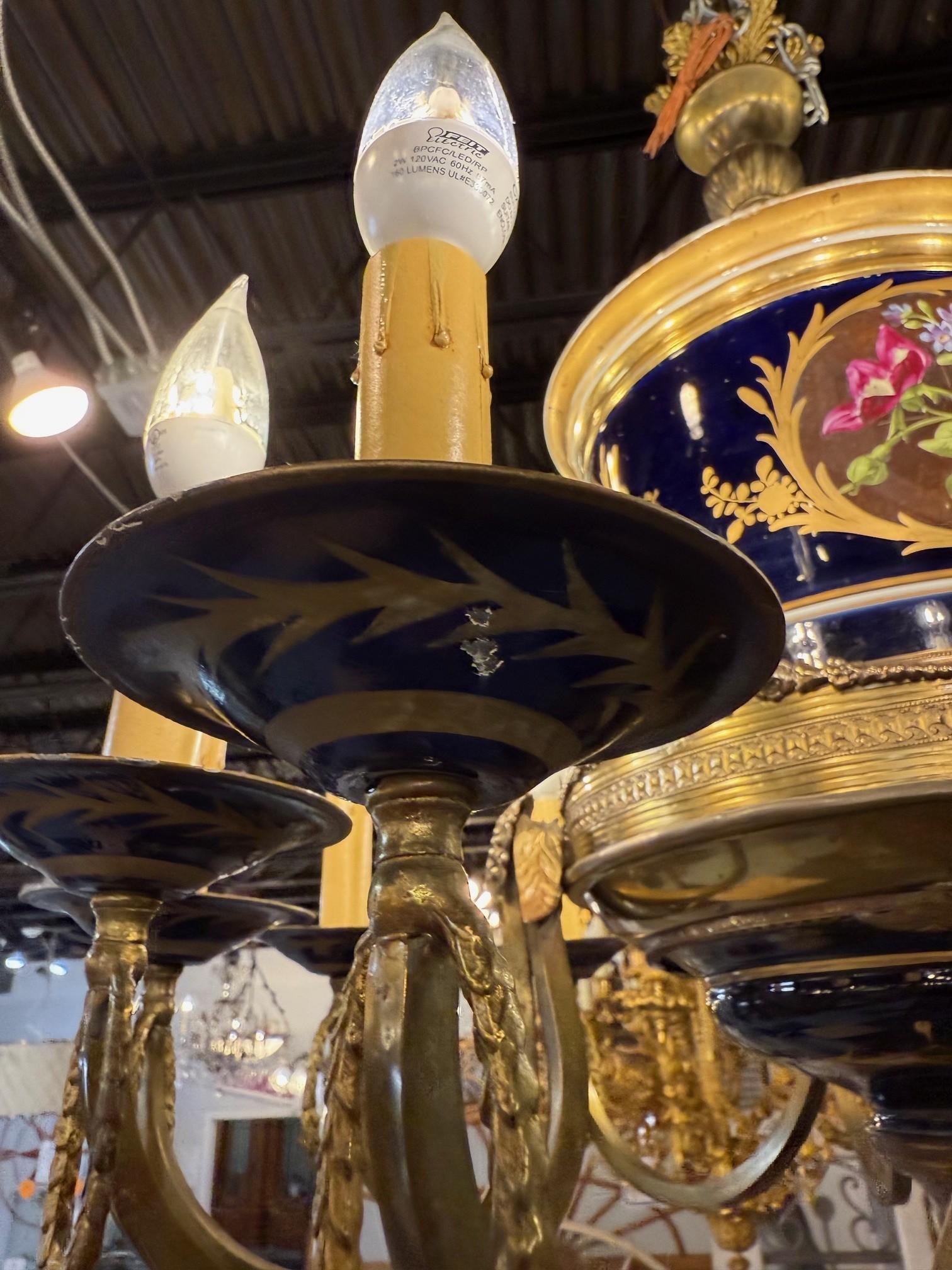 Late 20th C. French Limoges Cobalt Blue Porcelain Chandelier Floral 12 Lights For Sale 14