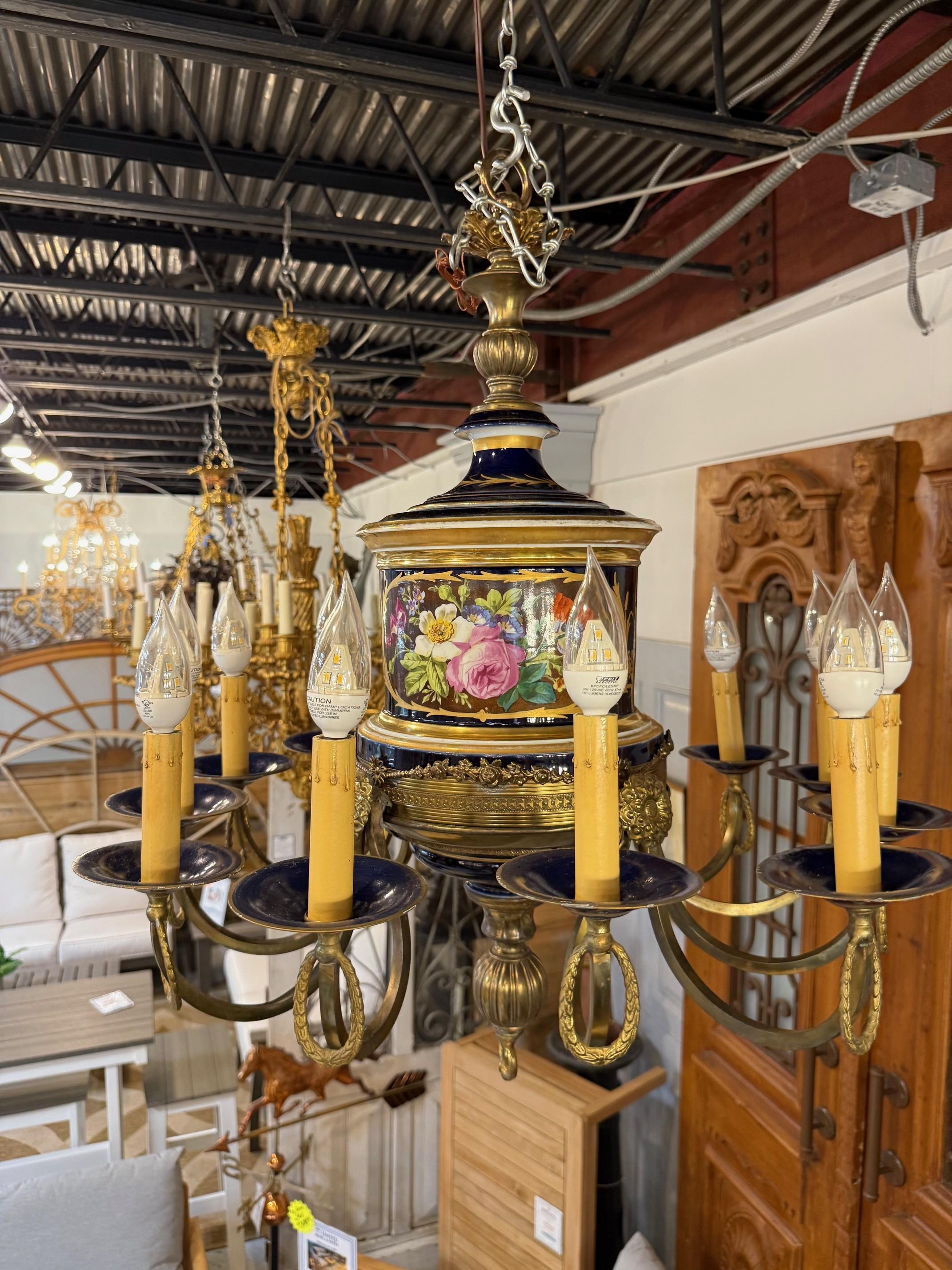 Late 20th C. French Limoges Cobalt Blue Porcelain Chandelier Floral 12 Lights In Good Condition For Sale In Stamford, CT