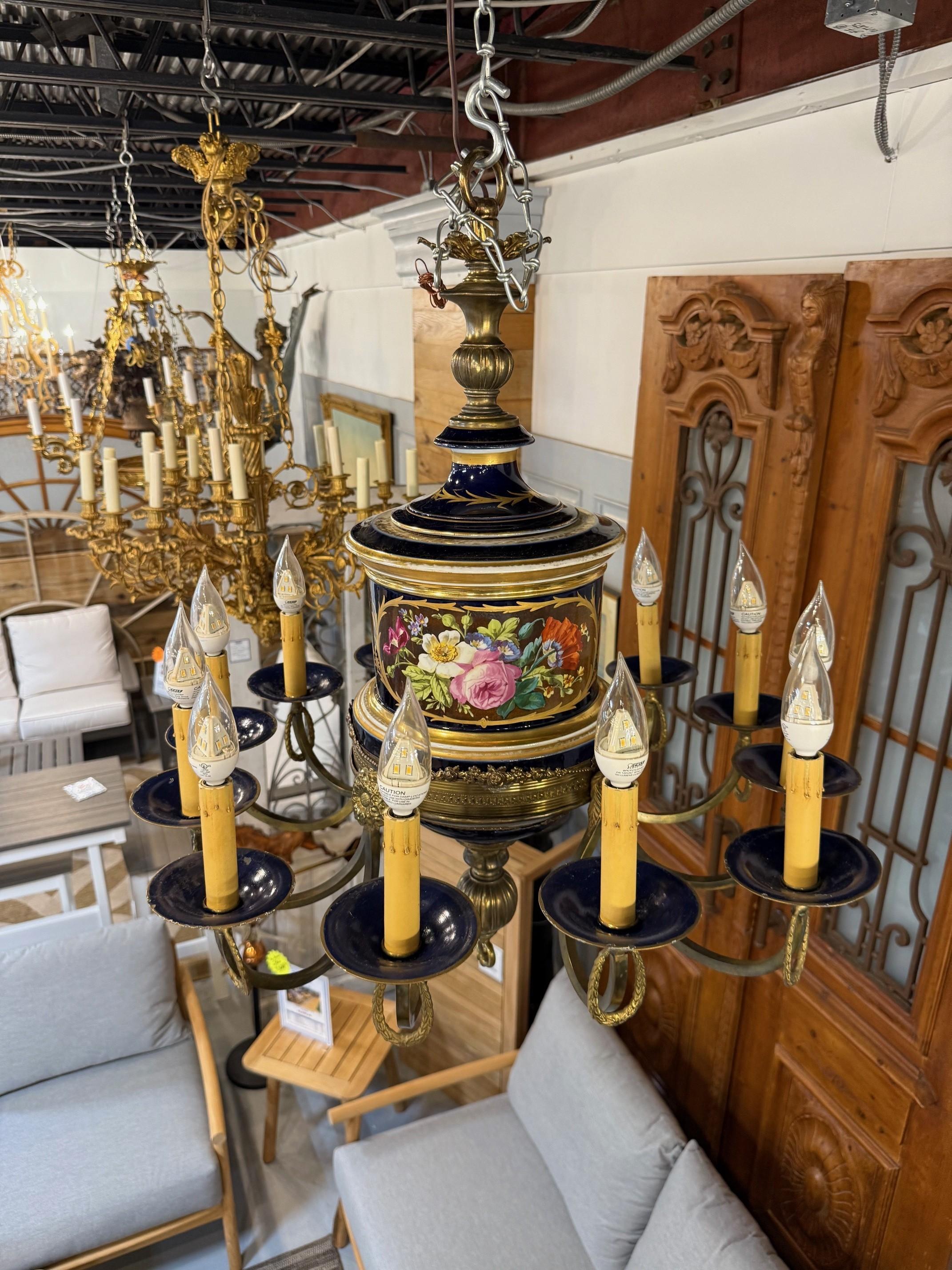 20th Century Late 20th C. French Limoges Cobalt Blue Porcelain Chandelier Floral 12 Lights For Sale