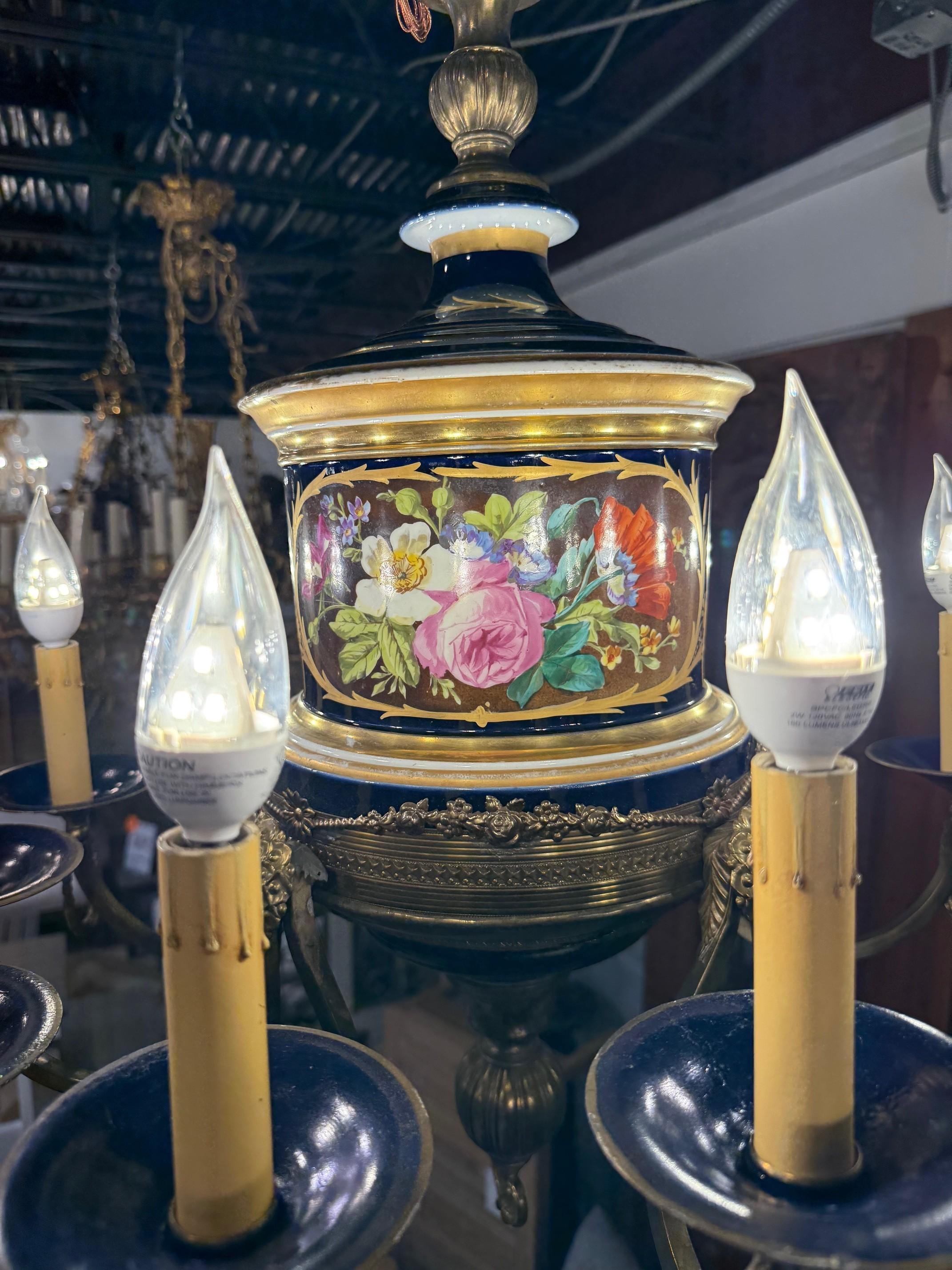 Brass Late 20th C. French Limoges Cobalt Blue Porcelain Chandelier Floral 12 Lights For Sale