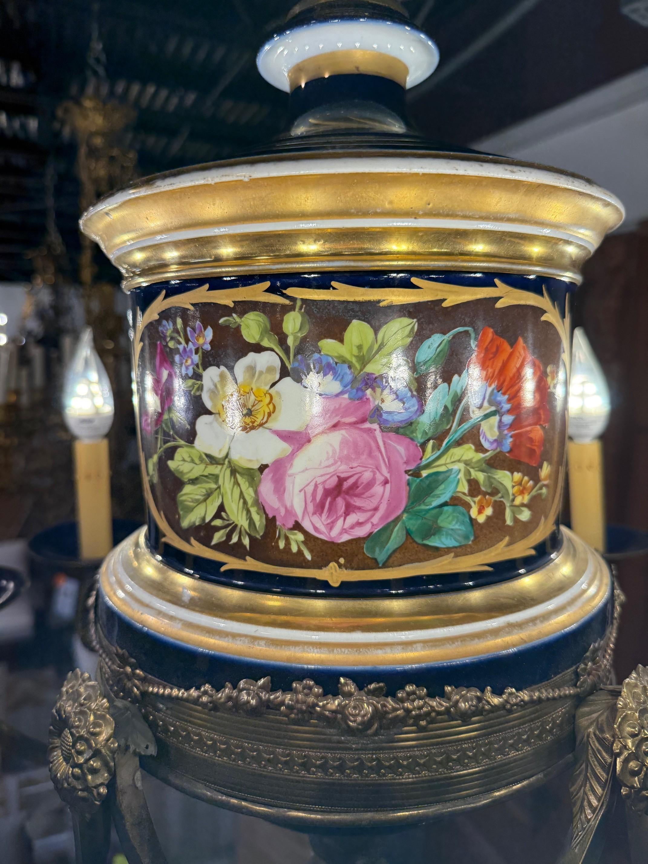 Late 20th C. French Limoges Cobalt Blue Porcelain Chandelier Floral 12 Lights For Sale 1