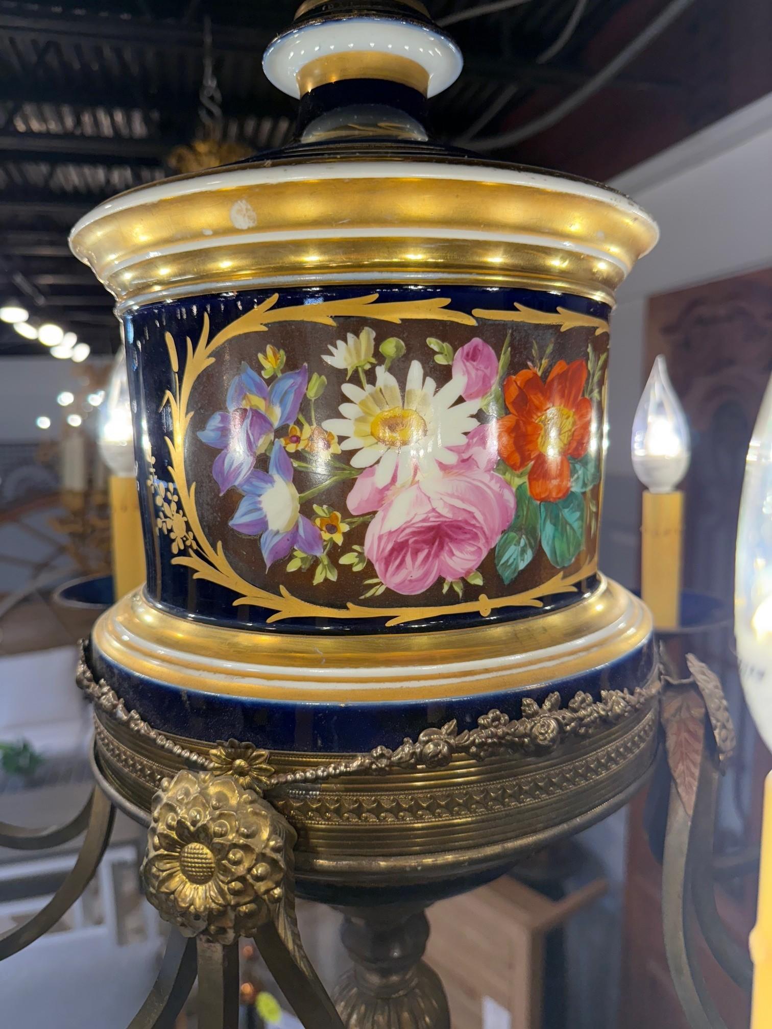 Late 20th C. French Limoges Cobalt Blue Porcelain Chandelier Floral 12 Lights For Sale 3