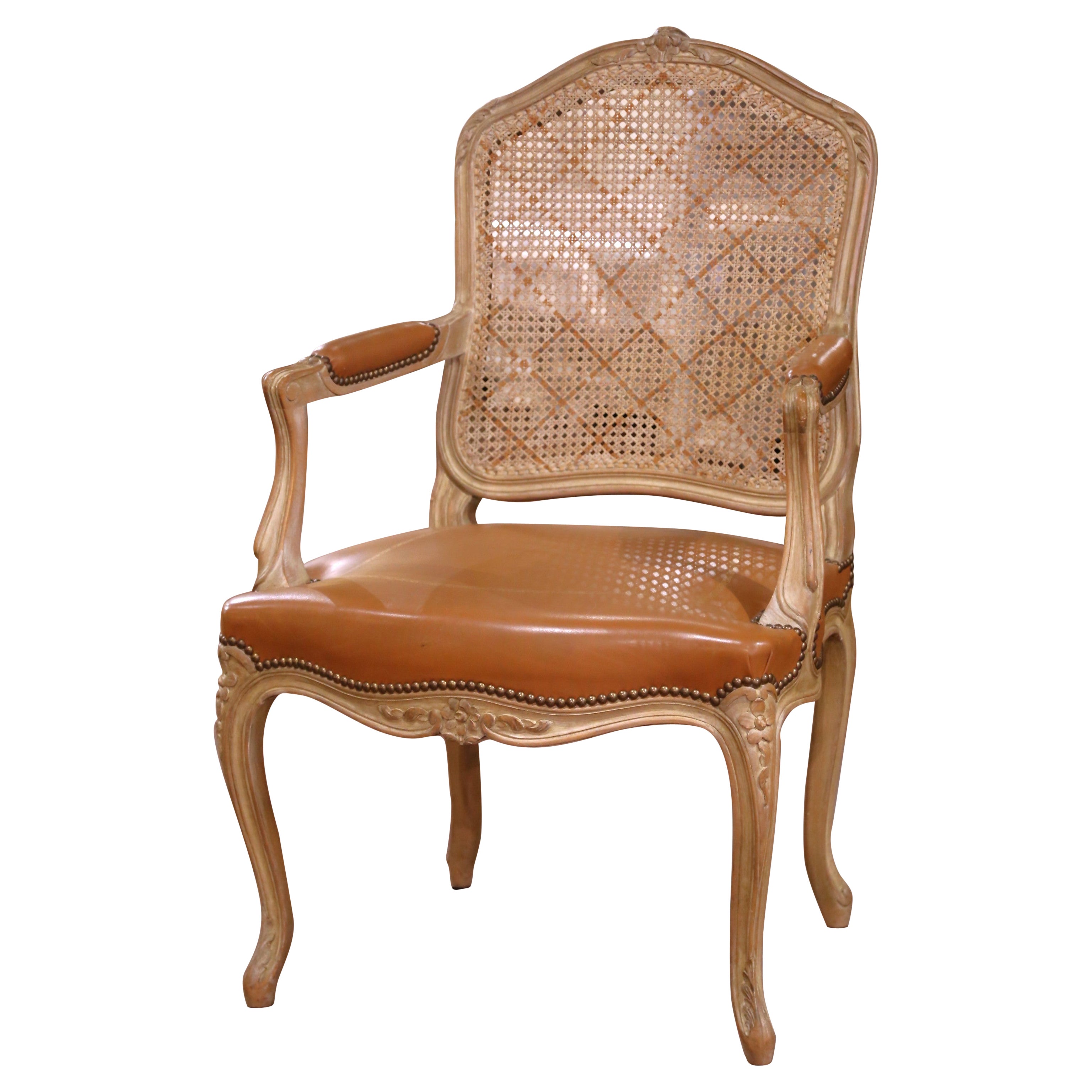 Late 20th C. French Louis XV Desk Armchair with Cane and Tooled Leather