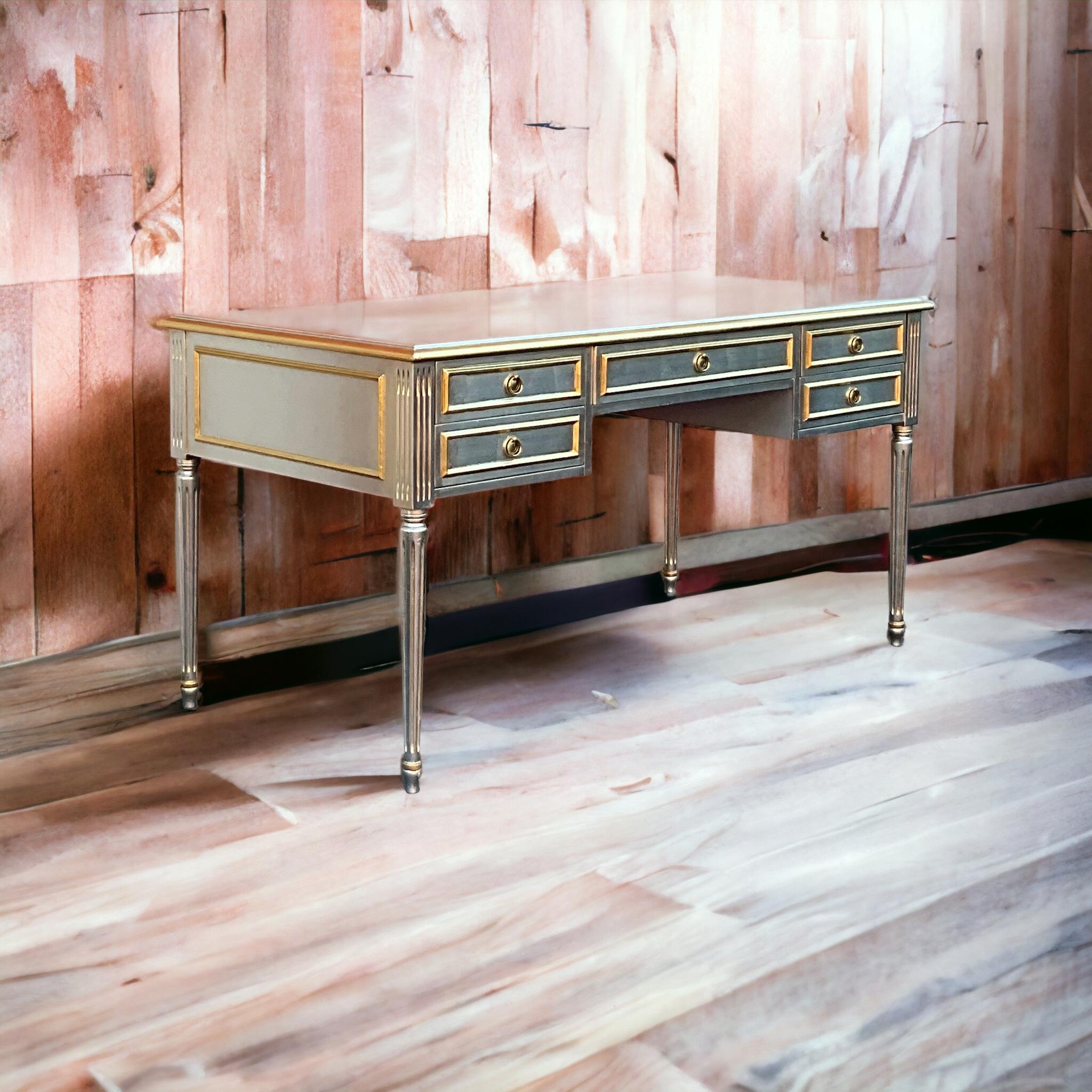 20th Century Late 20th-C. French Maison Jansen Style Silver & Gold Leaf Writing Desk For Sale