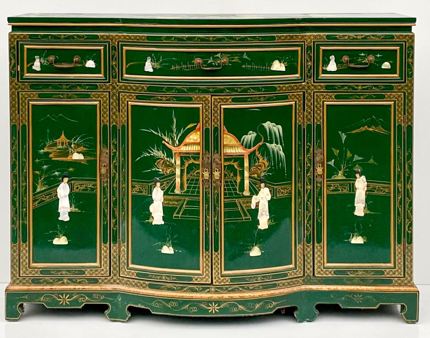 American Late 20th C. Green Lacquered Chinoiserie Chippendale Style Sideboard / Credenza
