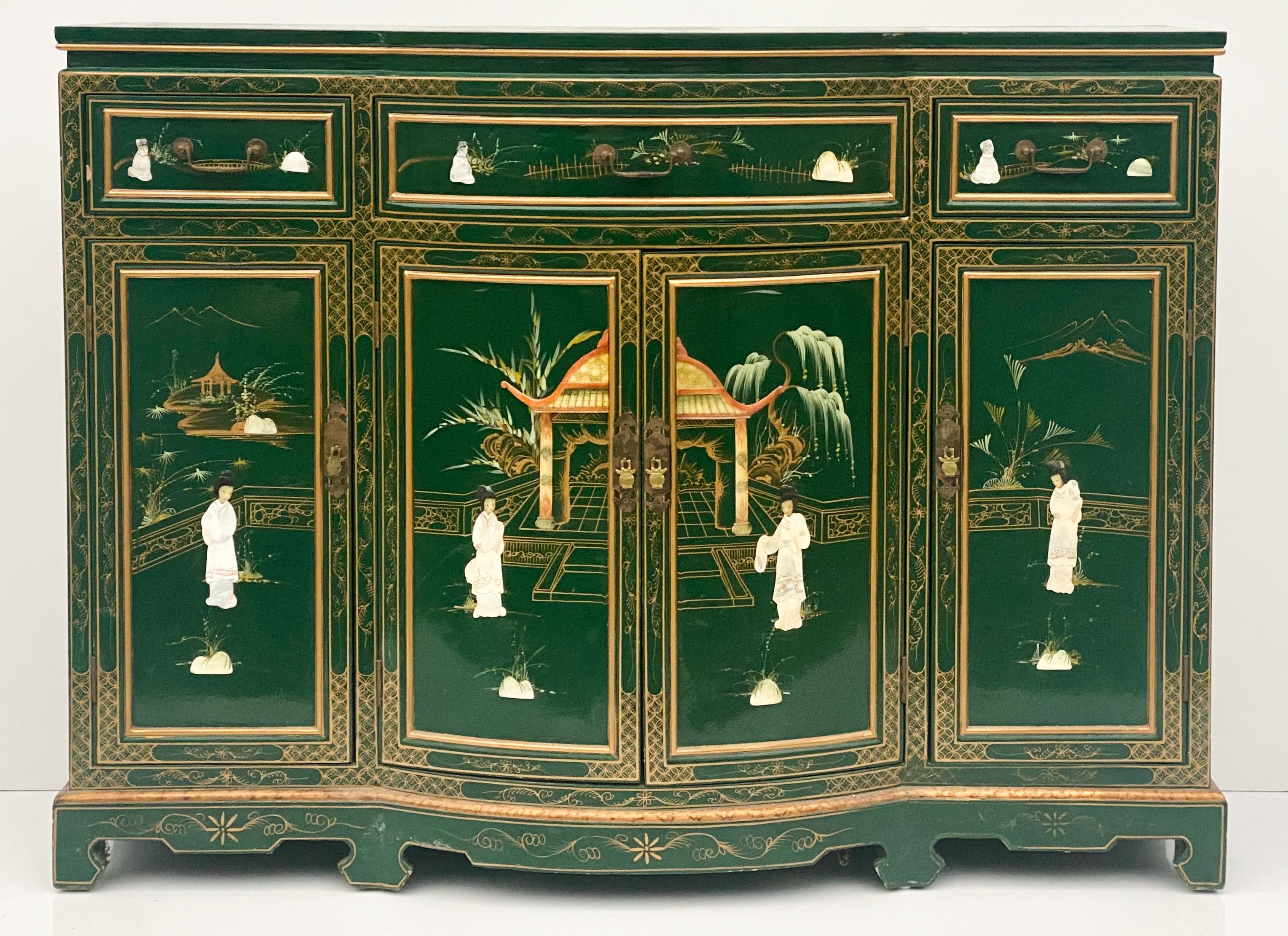20th Century Late 20th C. Green Lacquered Chinoiserie Chippendale Style Sideboard / Credenza