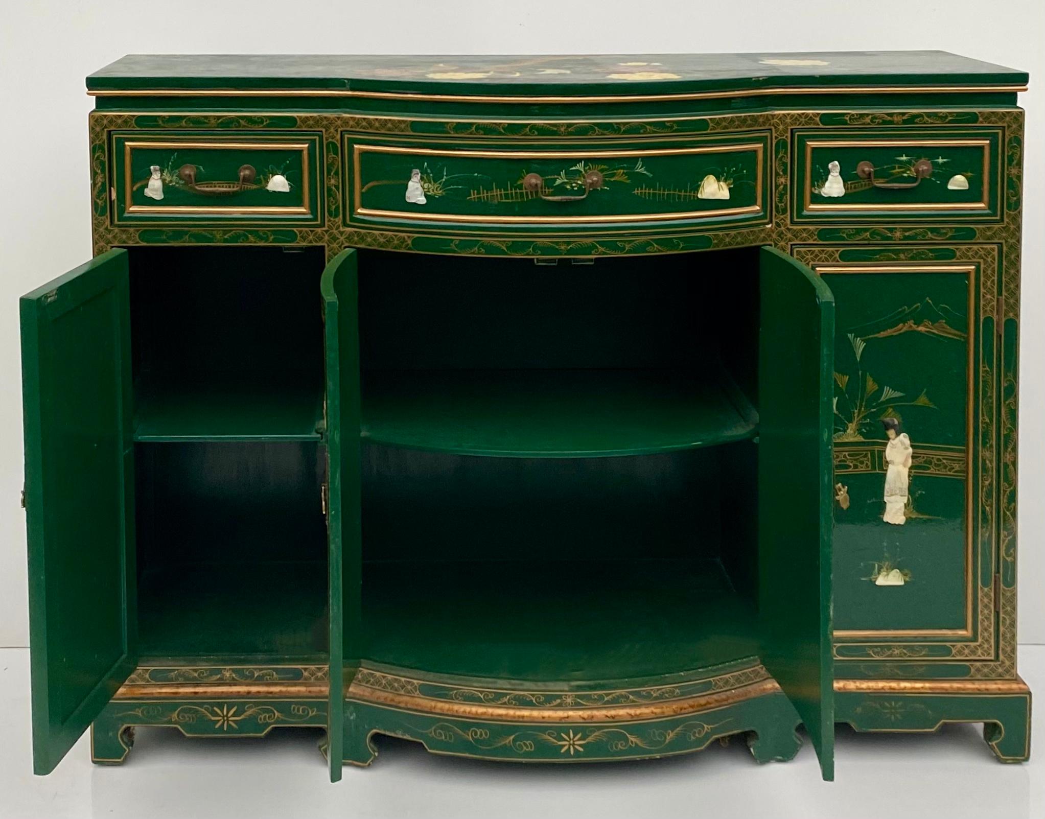 Wood Late 20th C. Green Lacquered Chinoiserie Chippendale Style Sideboard / Credenza