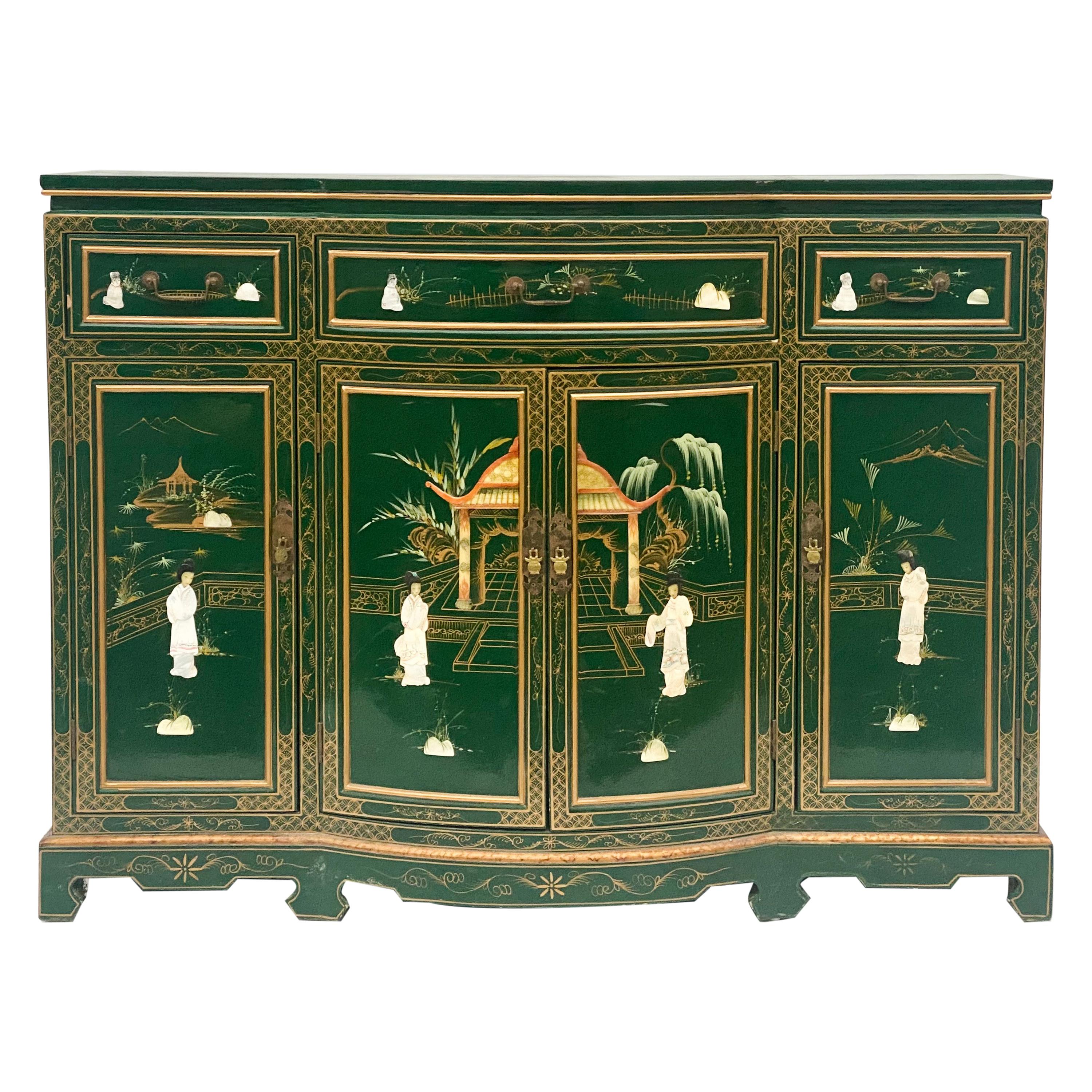 Late 20th C. Green Lacquered Chinoiserie Chippendale Style Sideboard / Credenza