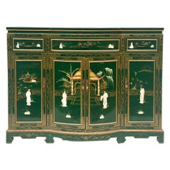 Vintage Late 20th C. Green Lacquered Chinoiserie Chippendale Style Sideboard / Credenza