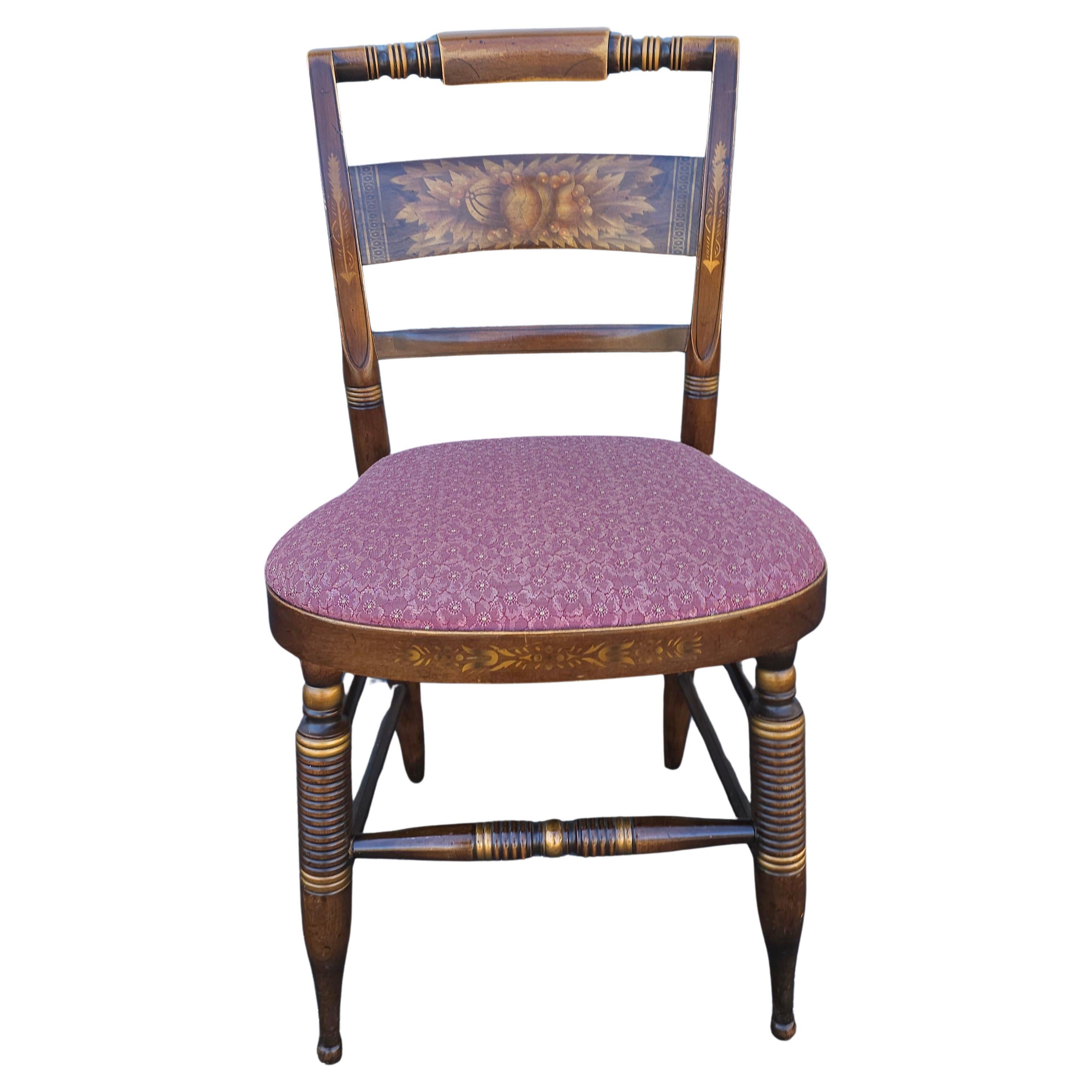 A Late 20th Century Lambert Hitchcock Partial Gilt and Decorated, Upholstered Seat Side Chair. Measures 18