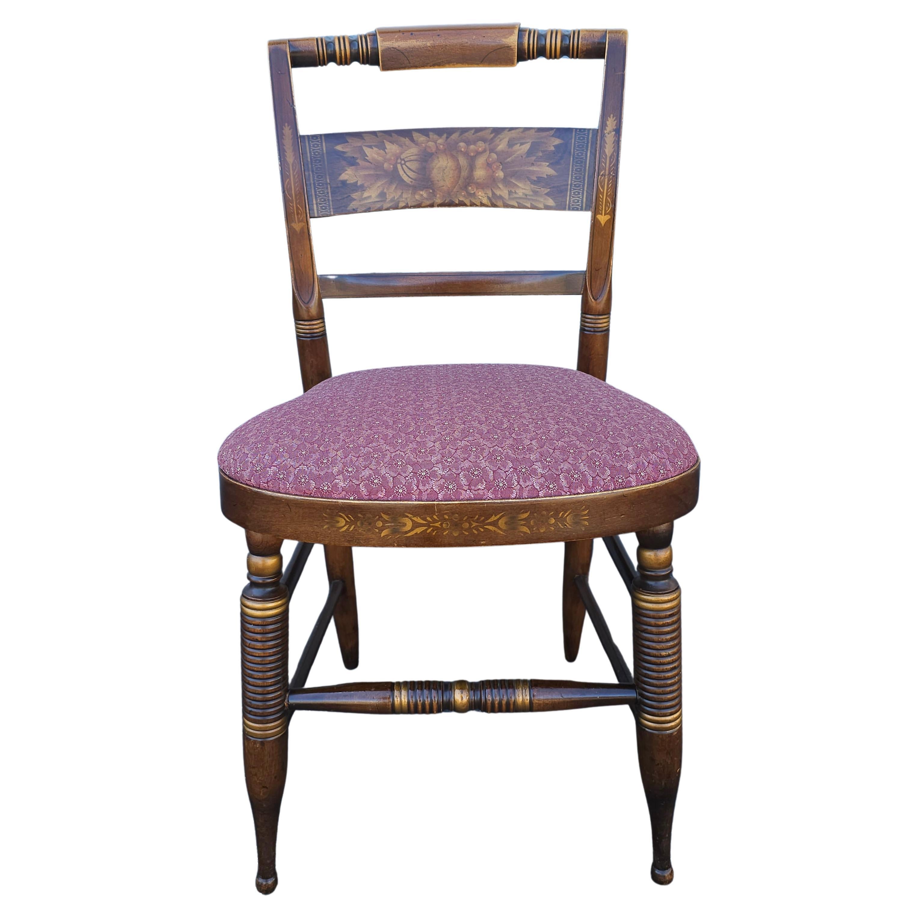 Late 20th C. Hitchcock Partial Gilt and Decorated Upholstered Seat Side Chair