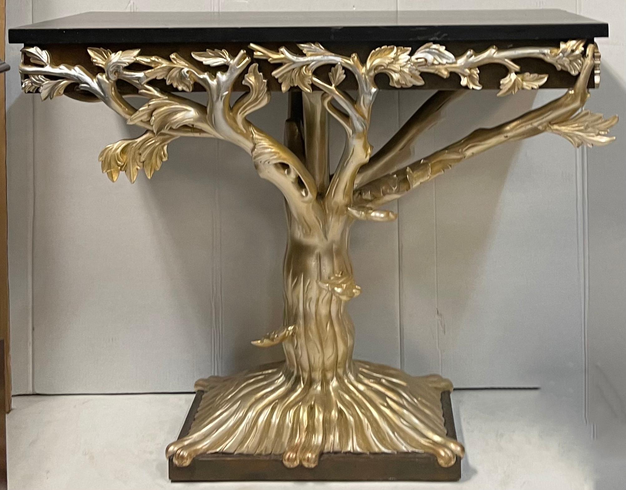 Late 20th-C. J. Robert Scott Carved Silver Giltwood Faux Bois Console Table In Good Condition In Kennesaw, GA