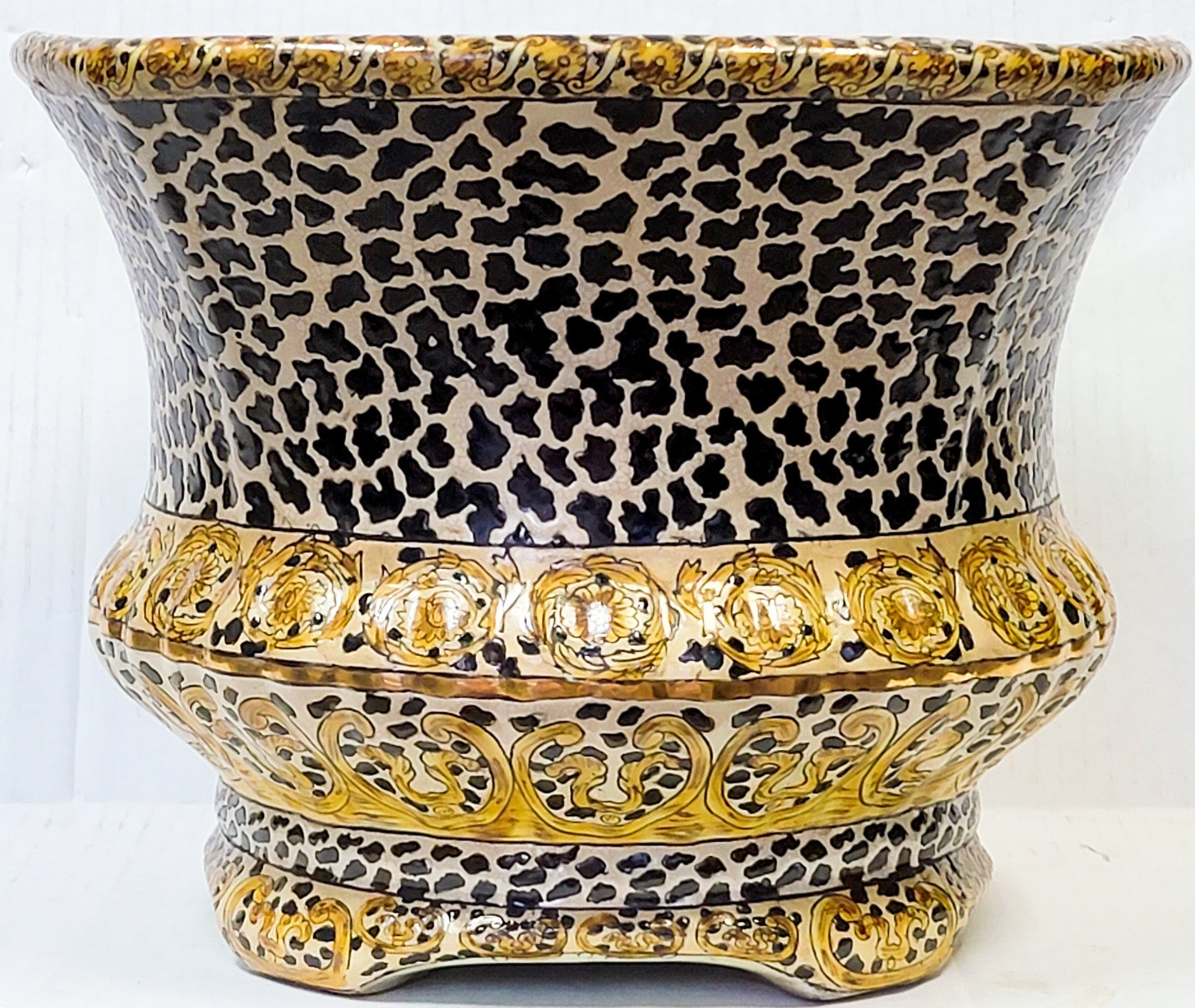 Asian Late 20th-C. Large Chinese Export Style Leopard Motif Planter / Cachepot / Vase