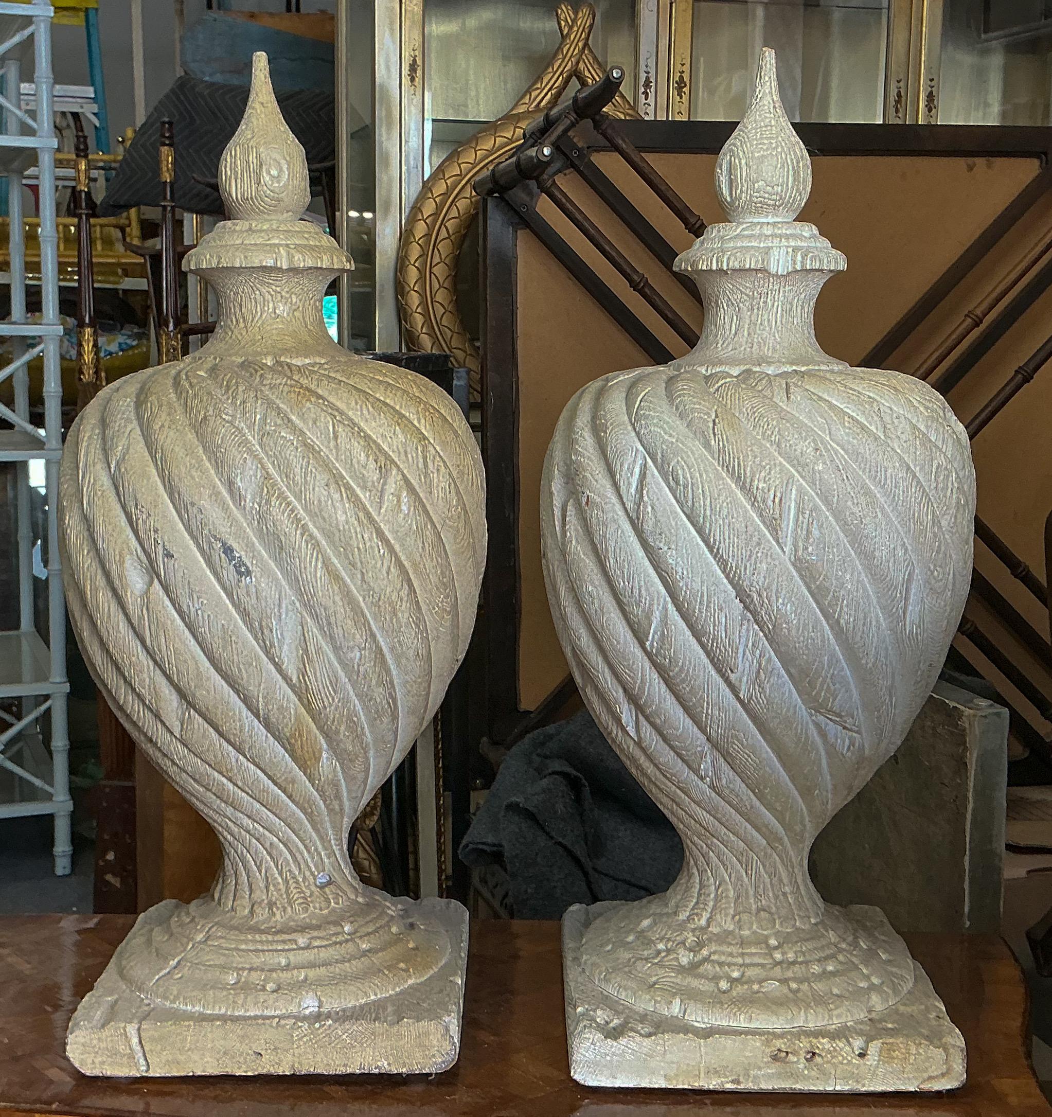 Late 20th-C. Large Scale Faux Bois Cast Garden Urns / Sculptures - Pair For Sale 1