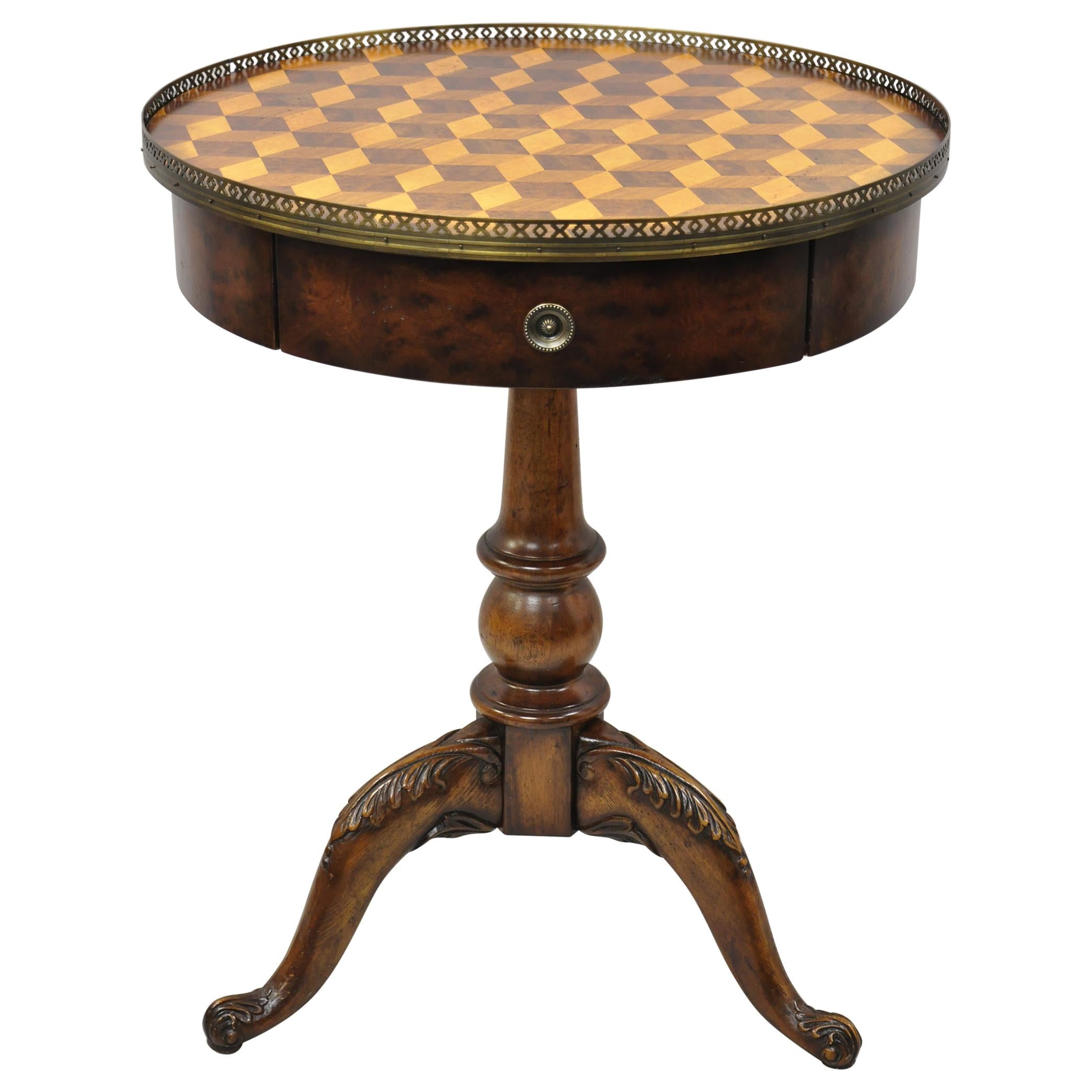 Marquetry Geometric Inlay Regency Style Round Lamp Side Drum Table