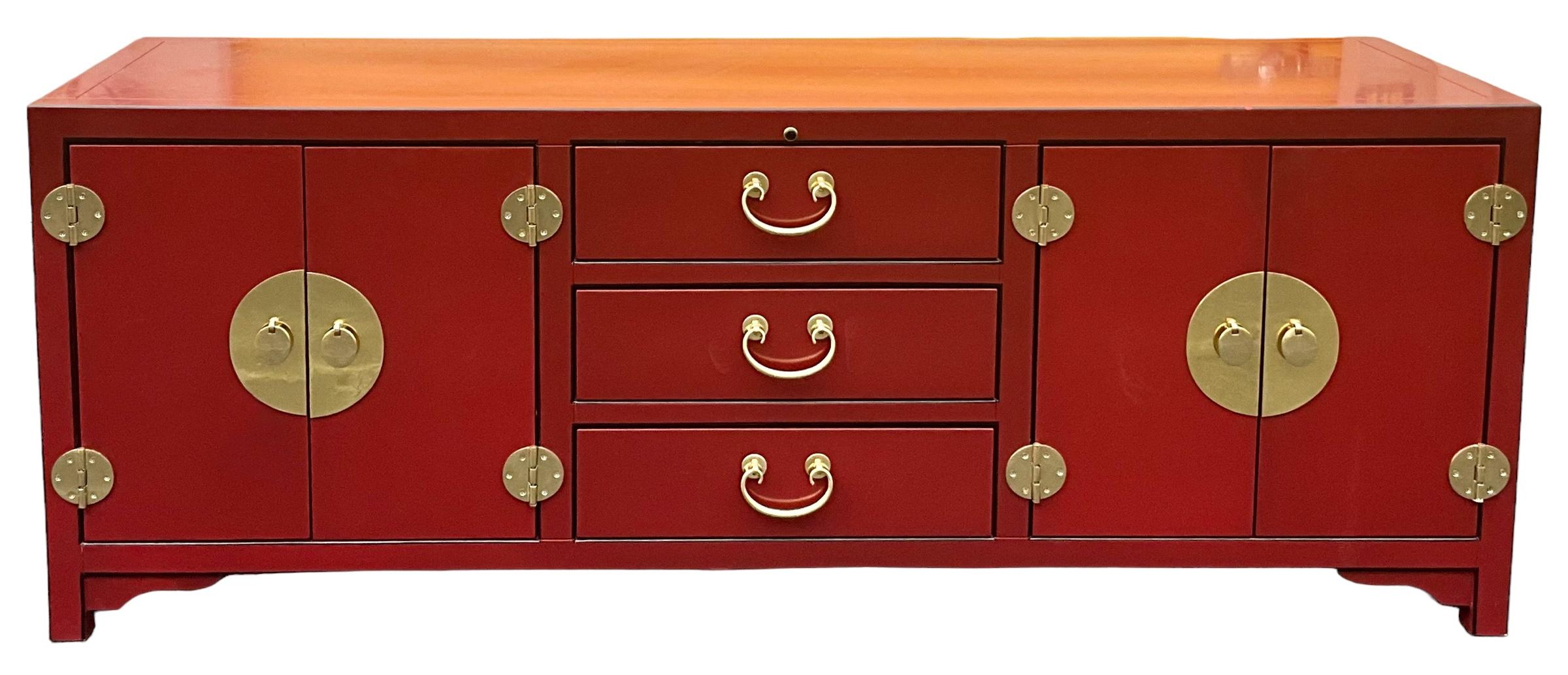 American Late 20th-C. Ming Style Red Lacquer & Brass Credenza / Media Cabinet By Sligh  For Sale