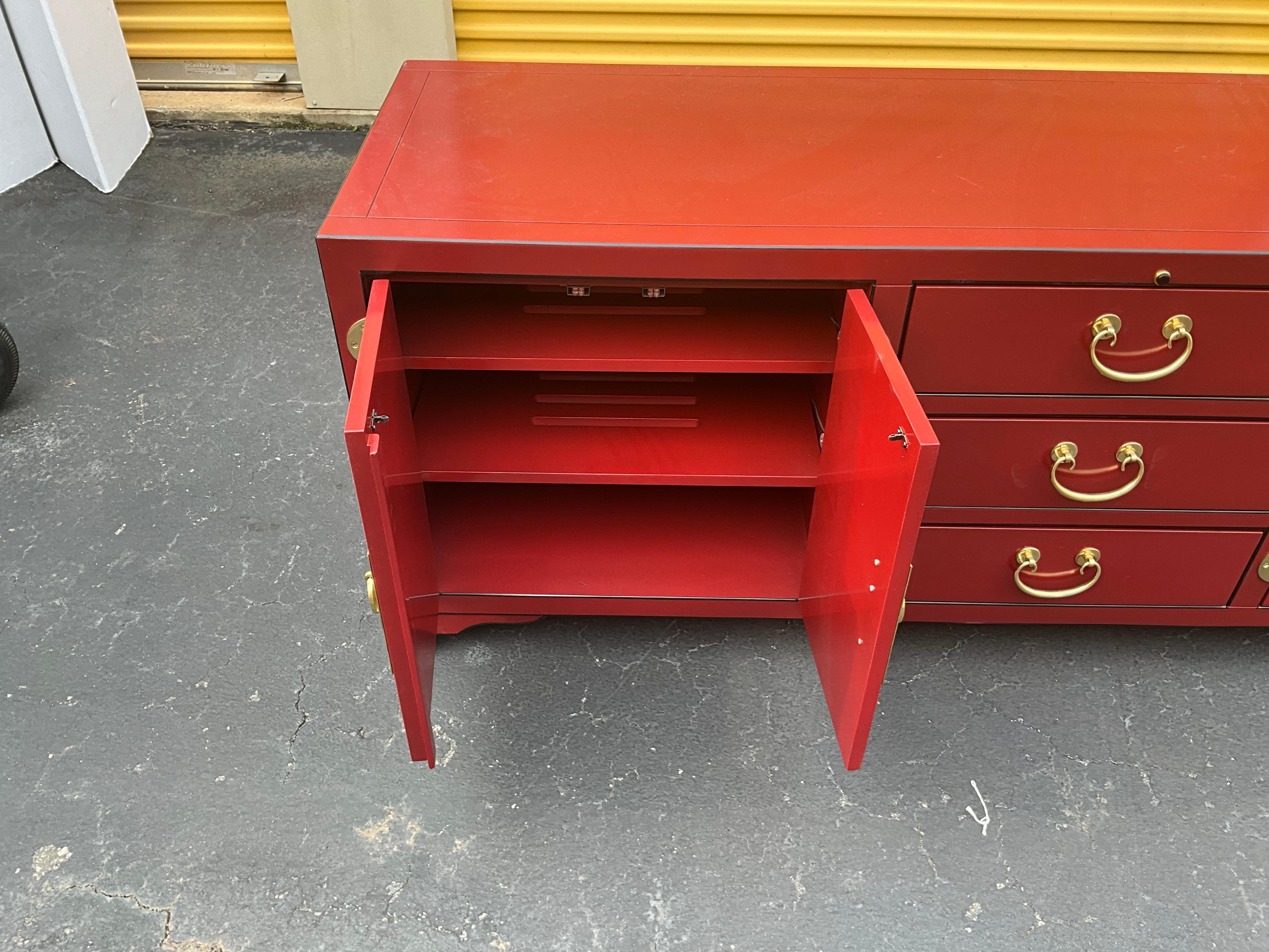 20th Century Late 20th-C. Ming Style Red Lacquer & Brass Credenza / Media Cabinet By Sligh  For Sale