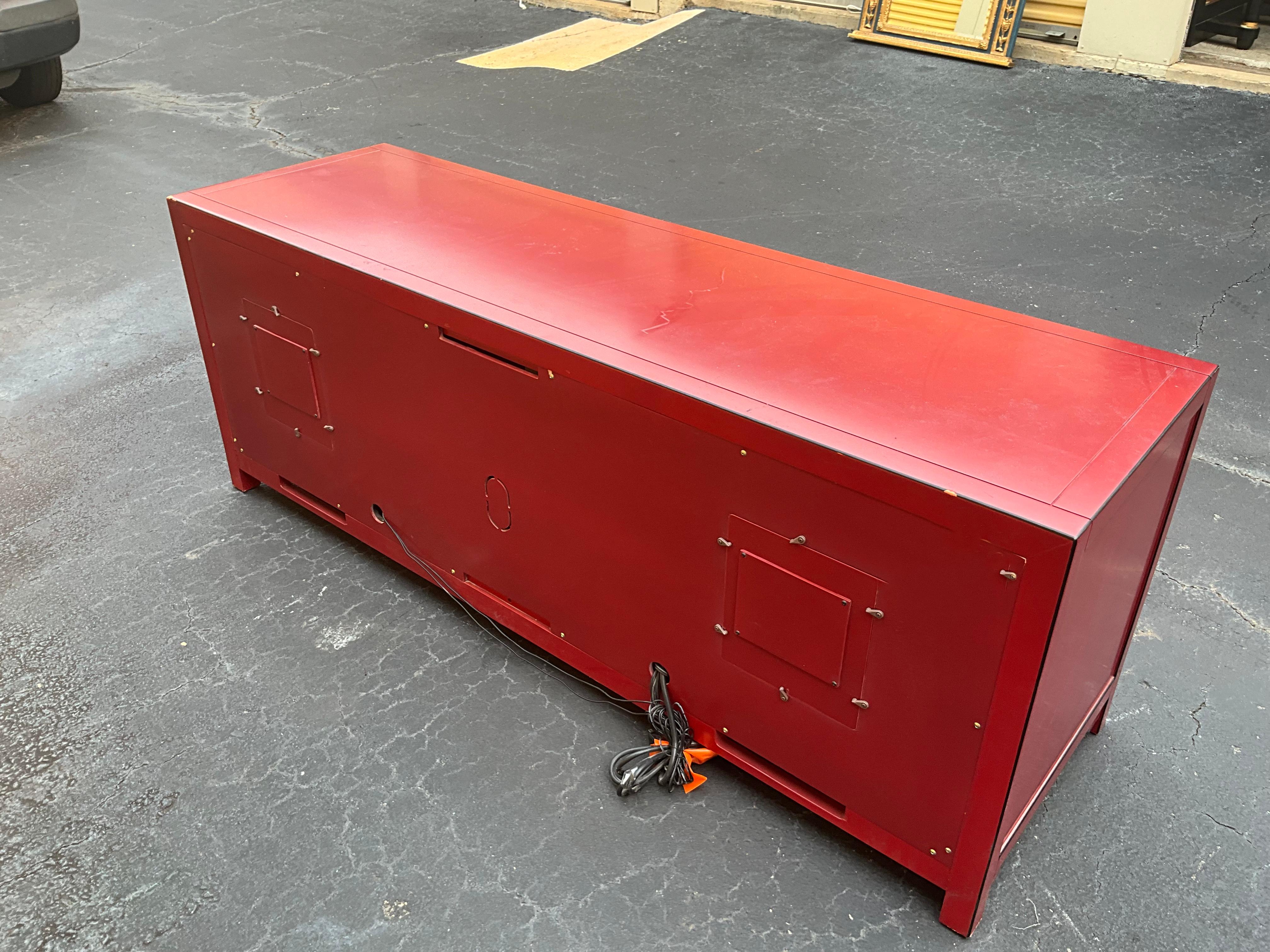 Late 20th-C. Ming Style Red Lacquer & Brass Credenza / Media Cabinet By Sligh  For Sale 1