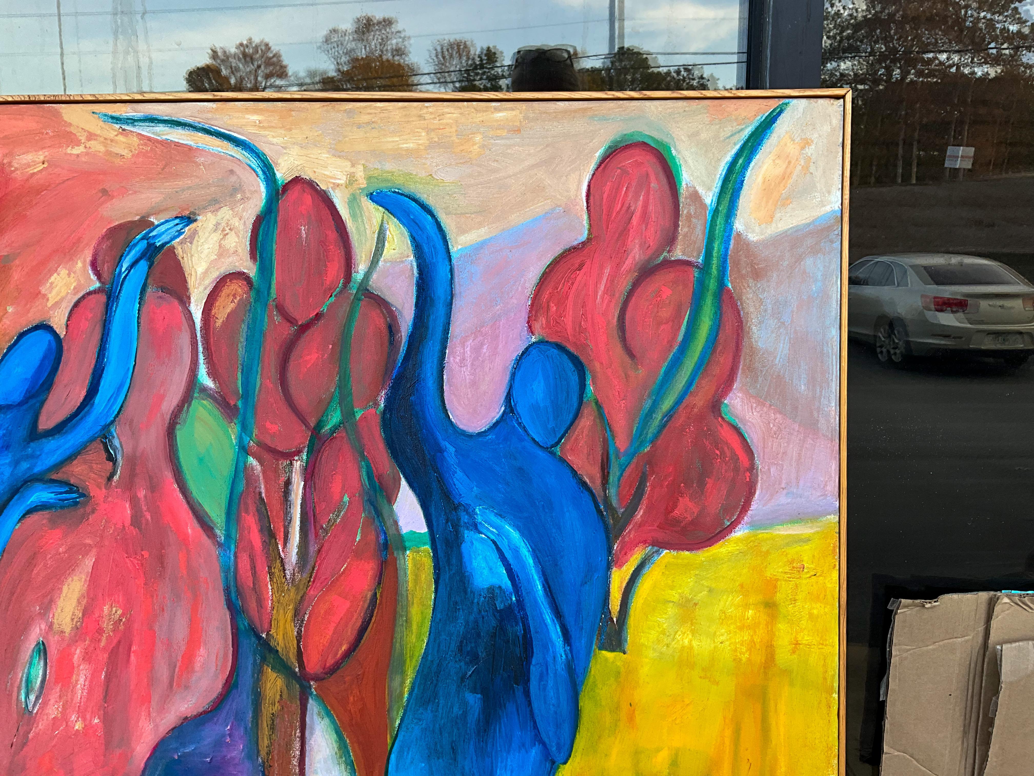 This is a large scale signed oil on canvas with a modern interpretation of the relationship between Adam and Eve. The vivid colors virtually dance off of the canvas! The artist is Michael R. Johnson, 1992. It is in very good condition. 

My