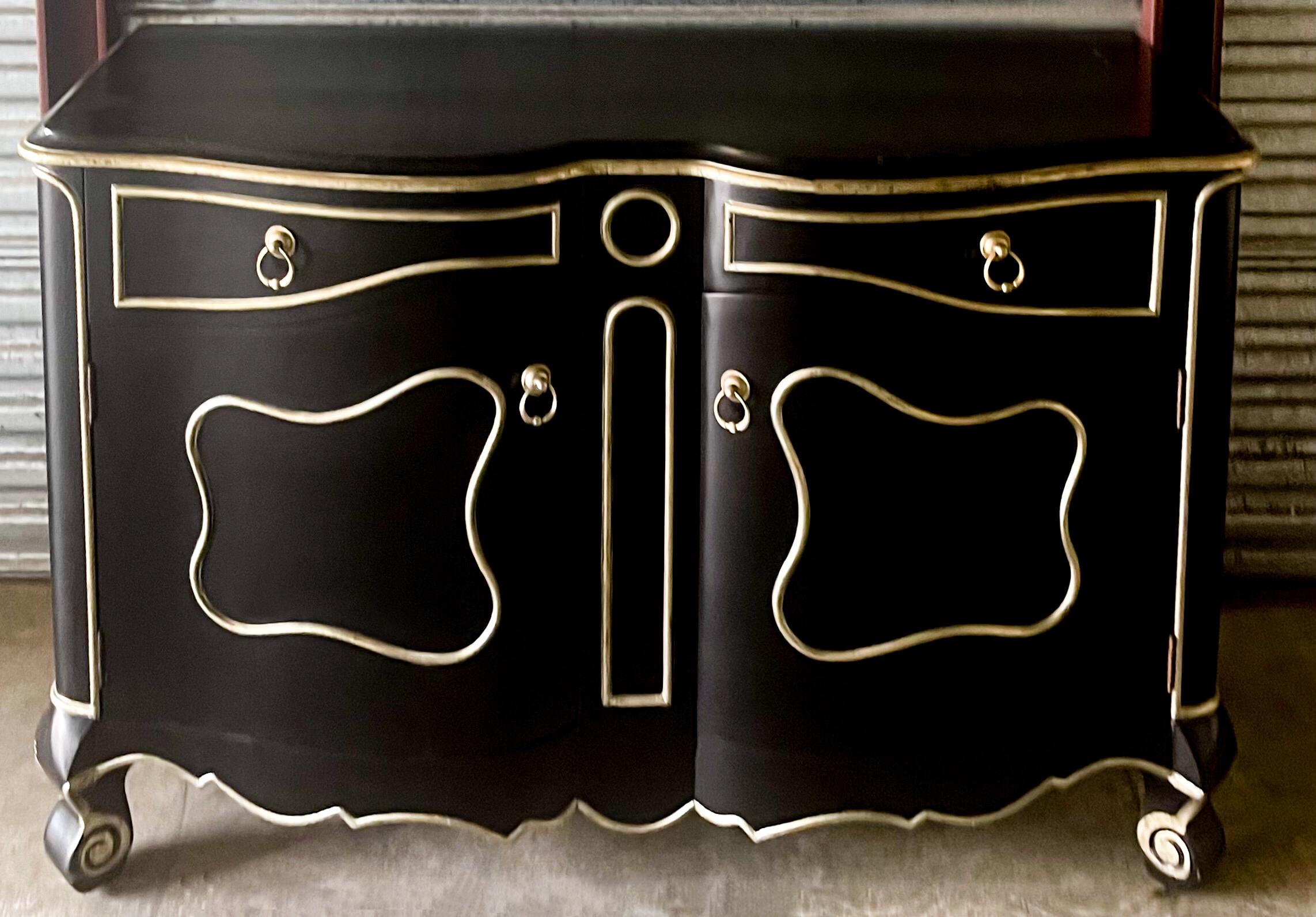 Late 20th-C. Modern French Louis XV Cabinet in Black and Silver Gilt, Pair For Sale 1