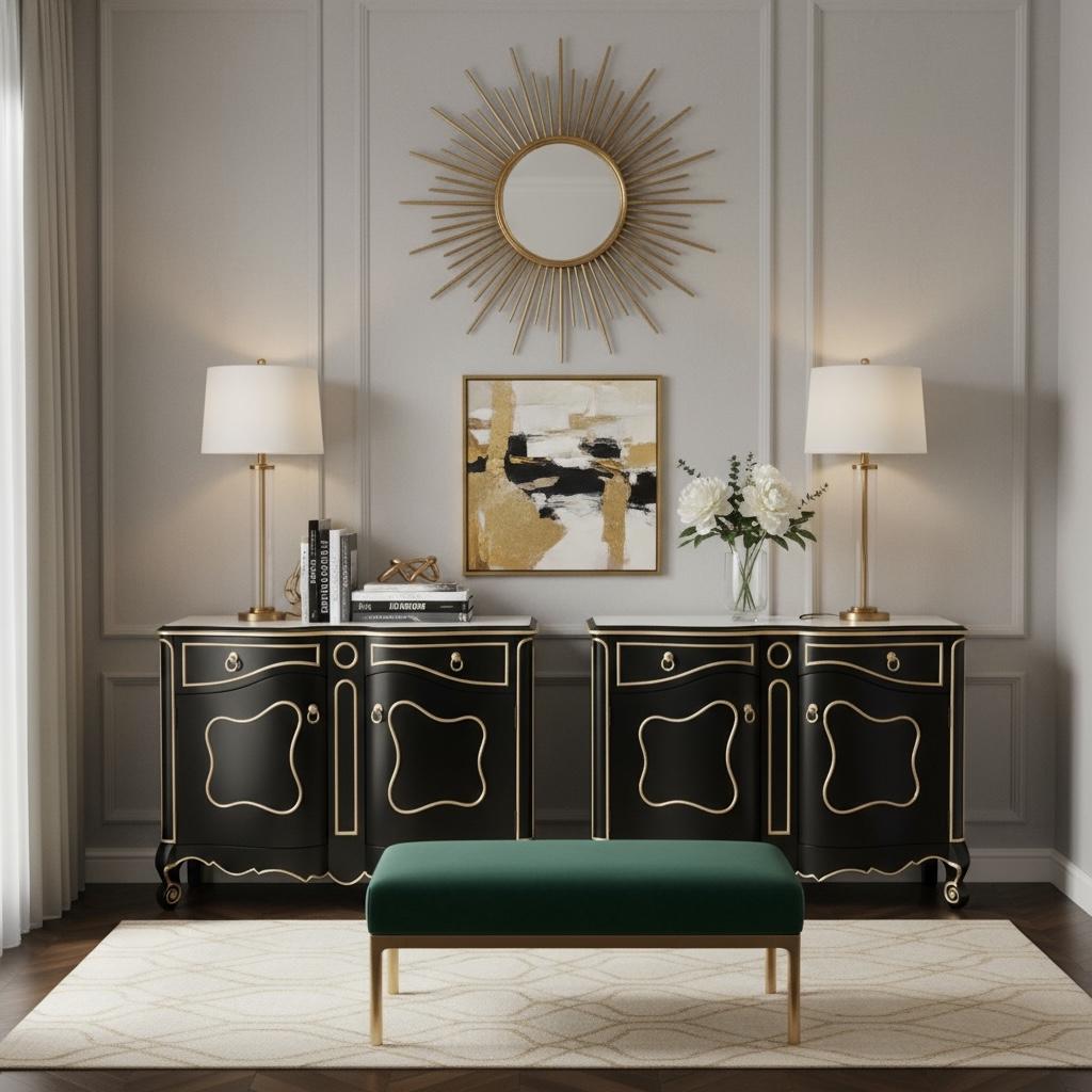 Questi prodotti sono un'affermazione forte! Questi armadi non sono contrassegnati, ma si presume che siano un progetto personalizzato per un cliente di New York. Sono nere con finiture dorate in argento. Ogni mobile è un'interpretazione moderna di