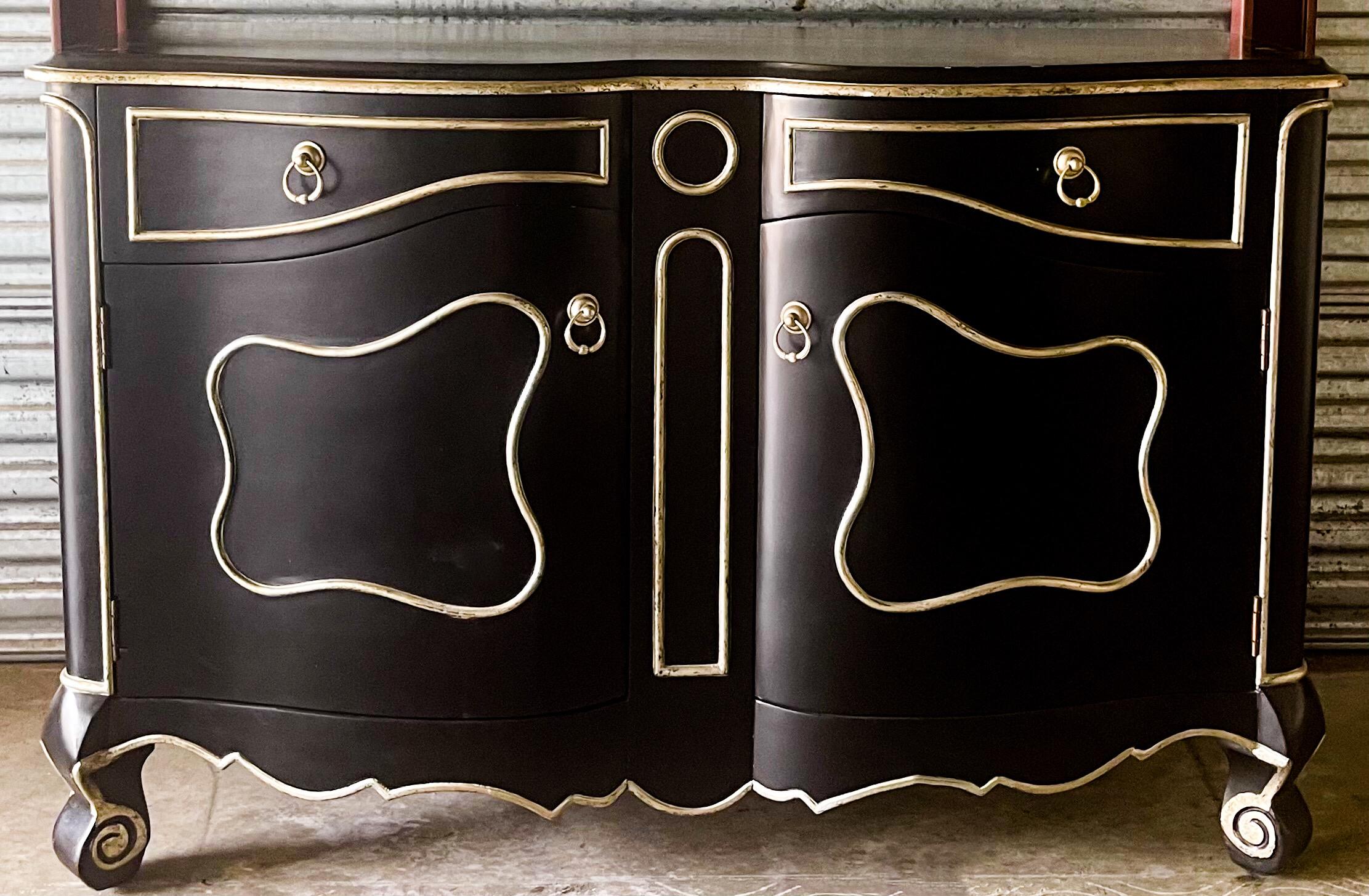 Late 20th-C. Modern French Louis XV Cabinet in Black and Silver Gilt, Pair For Sale 2