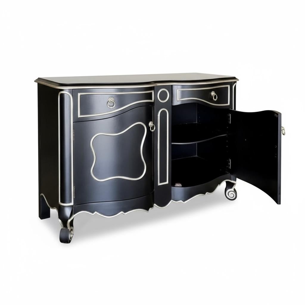 Fine del XX secolo. Mobile moderno francese Luigi XV in nero e argento dorato, coppia In condizioni buone in vendita a Kennesaw, GA