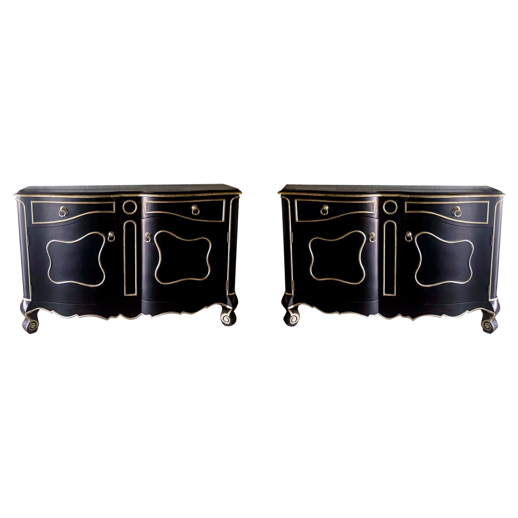 Fin du 20e siècle. Paire de meubles de rangement modernes français de style Louis XV en noir et argent doré