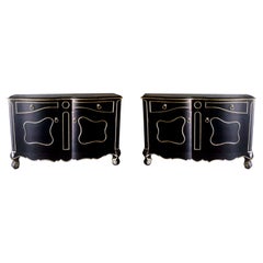 Late 20th-C. Modern French Louis XV Cabinet in Black and Silver Gilt, Pair
