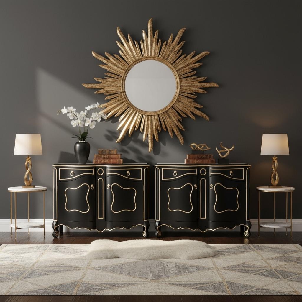 Legno Fine del XX secolo. Mobile moderno francese Luigi XV in nero e argento dorato, coppia in vendita