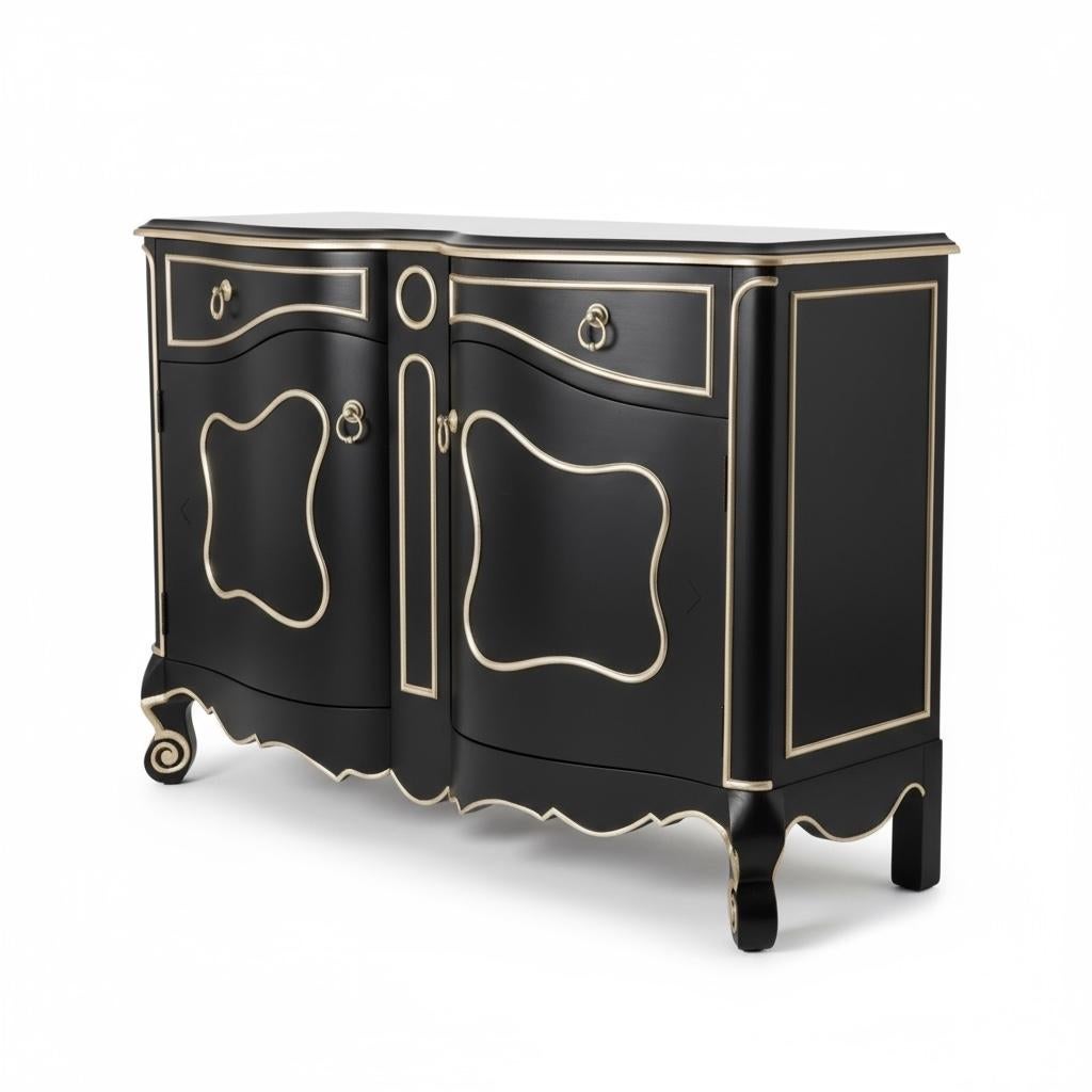 Fine del XX secolo. Mobile moderno francese Luigi XV in nero e argento dorato, coppia in vendita 2