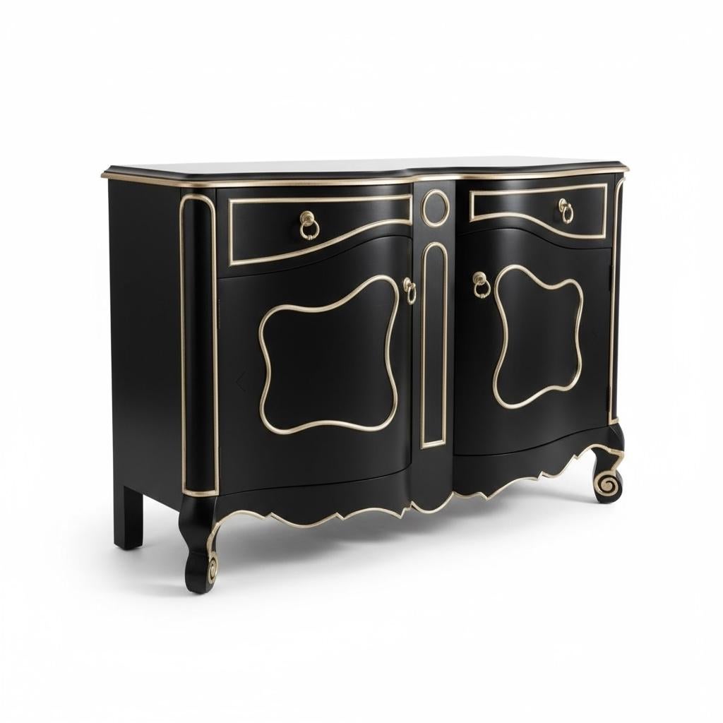 Fine del XX secolo. Mobile moderno francese Luigi XV in nero e argento dorato, coppia in vendita 3