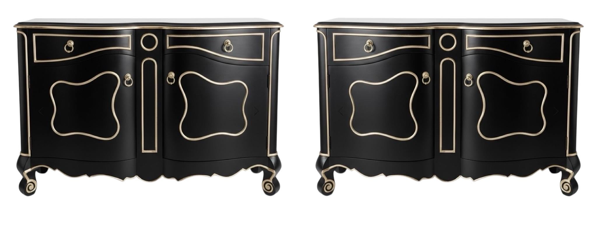 Fine del XX secolo. Mobile moderno francese Luigi XV in nero e argento dorato, coppia in vendita 4