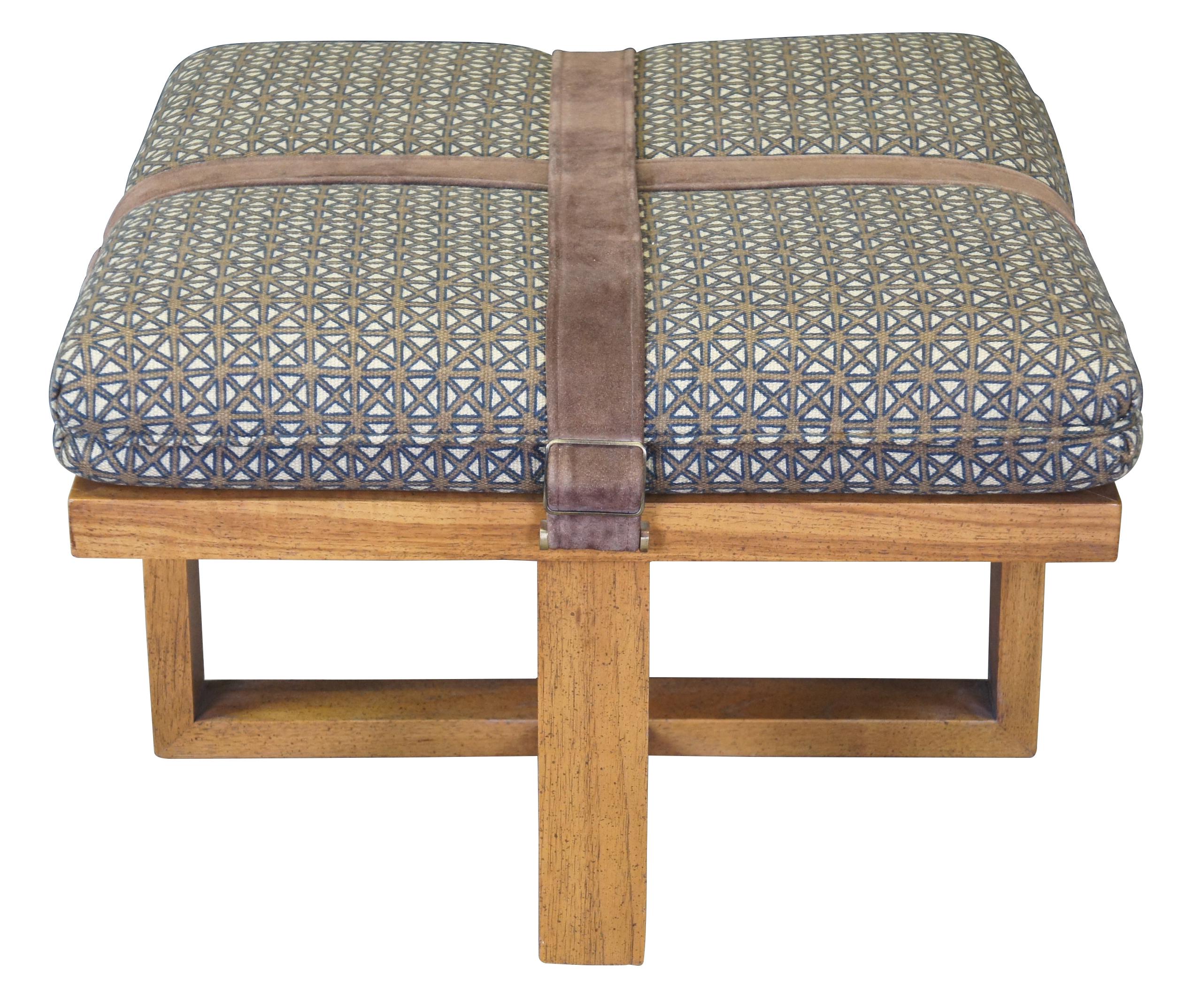 Late 20th C. Modern Oak Buckled Suede Strap Ottoman Square Foot Stool Bench MCM In Good Condition For Sale In Dayton, OH