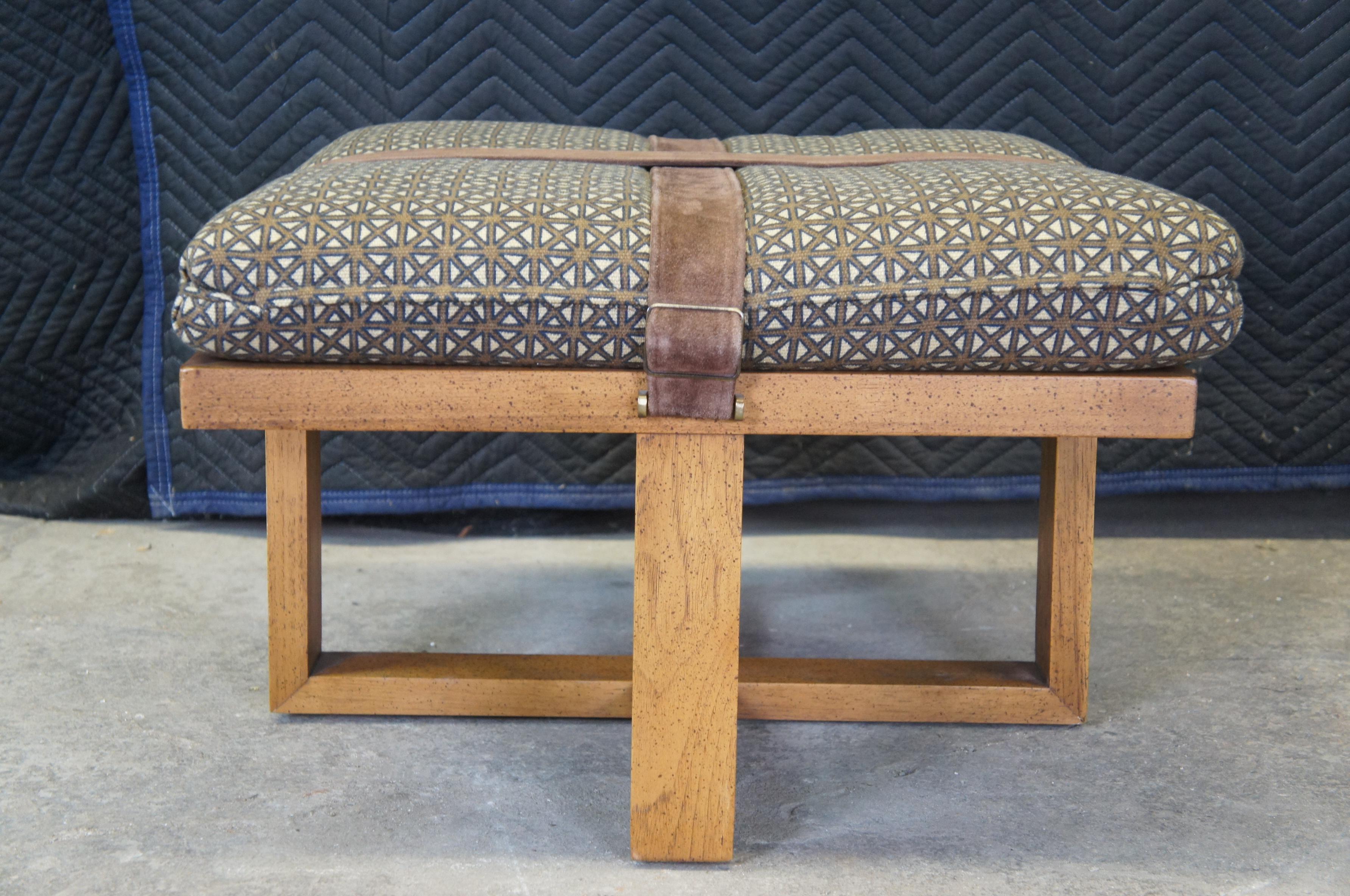 Late 20th C. Modern Oak Buckled Suede Strap Ottoman Square Foot Stool Bench MCM For Sale 3
