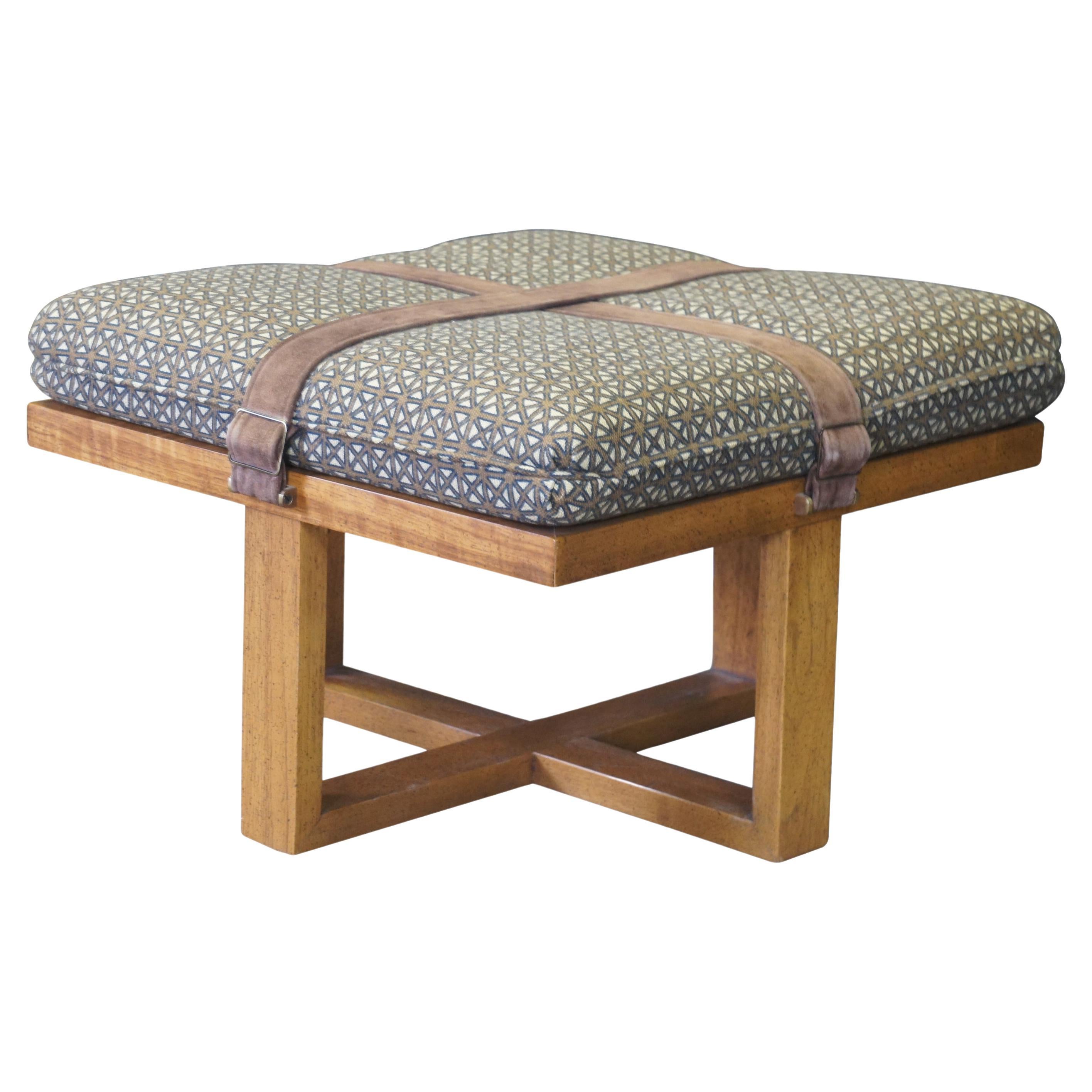 Modernist Square Oak Suede Buckled Strap Ottoman Foot Stool Bench 24"